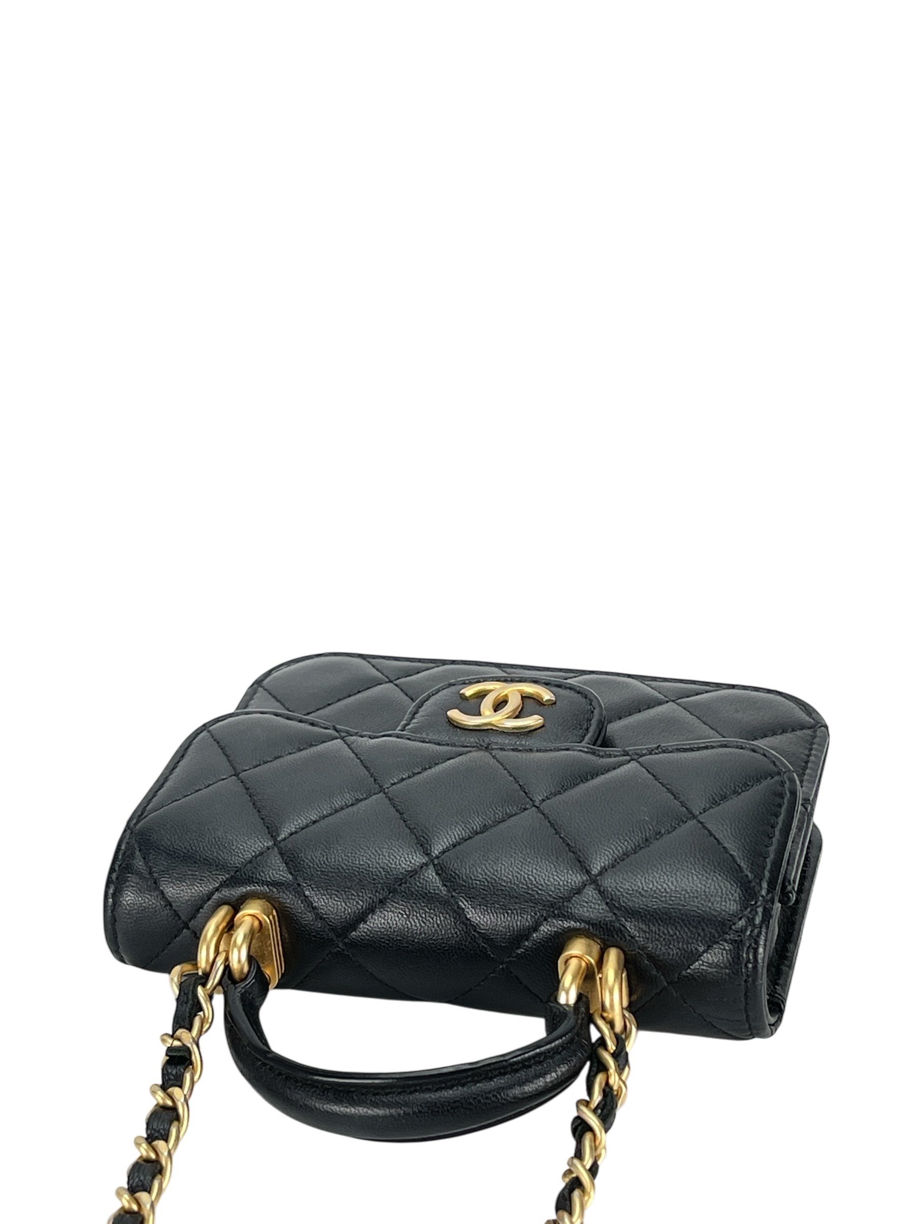 CHANEL - Black Lambskin Flap Coin Purse Mini Matelasse Chain Bag