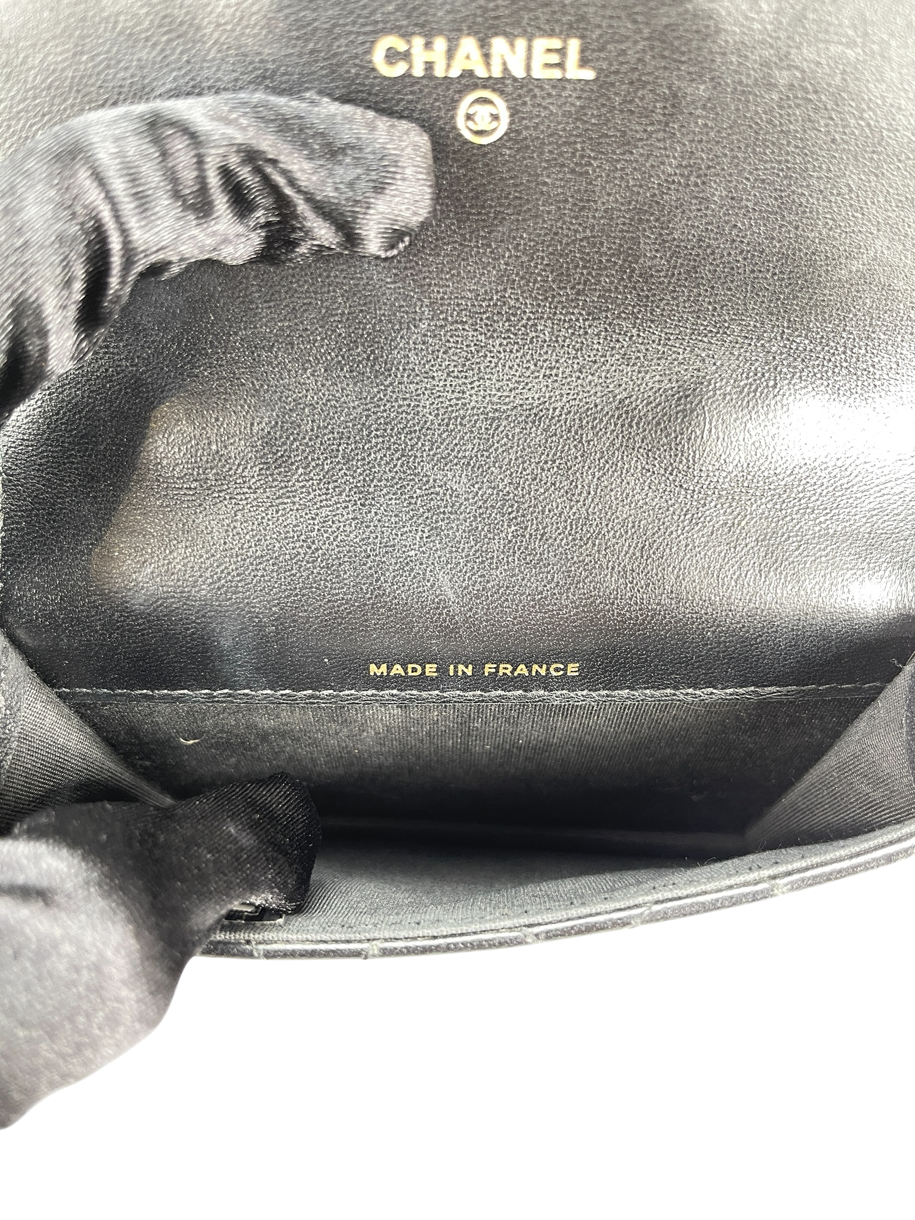 CHANEL - Black Lambskin Flap Coin Purse Mini Matelasse Chain Bag