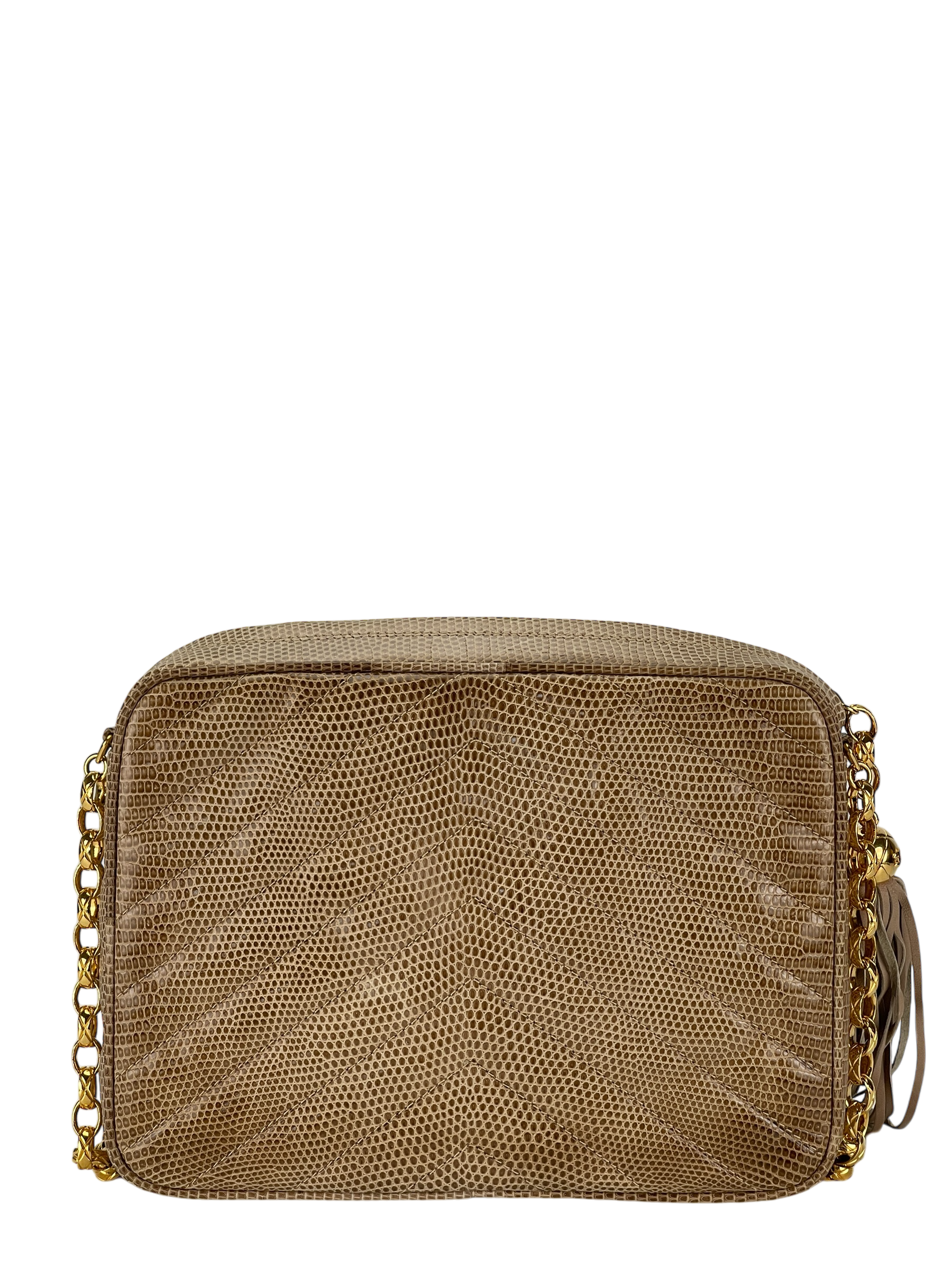 CHANEL - Lizard Leather Fringe Camera Chain Shoulder Bag 