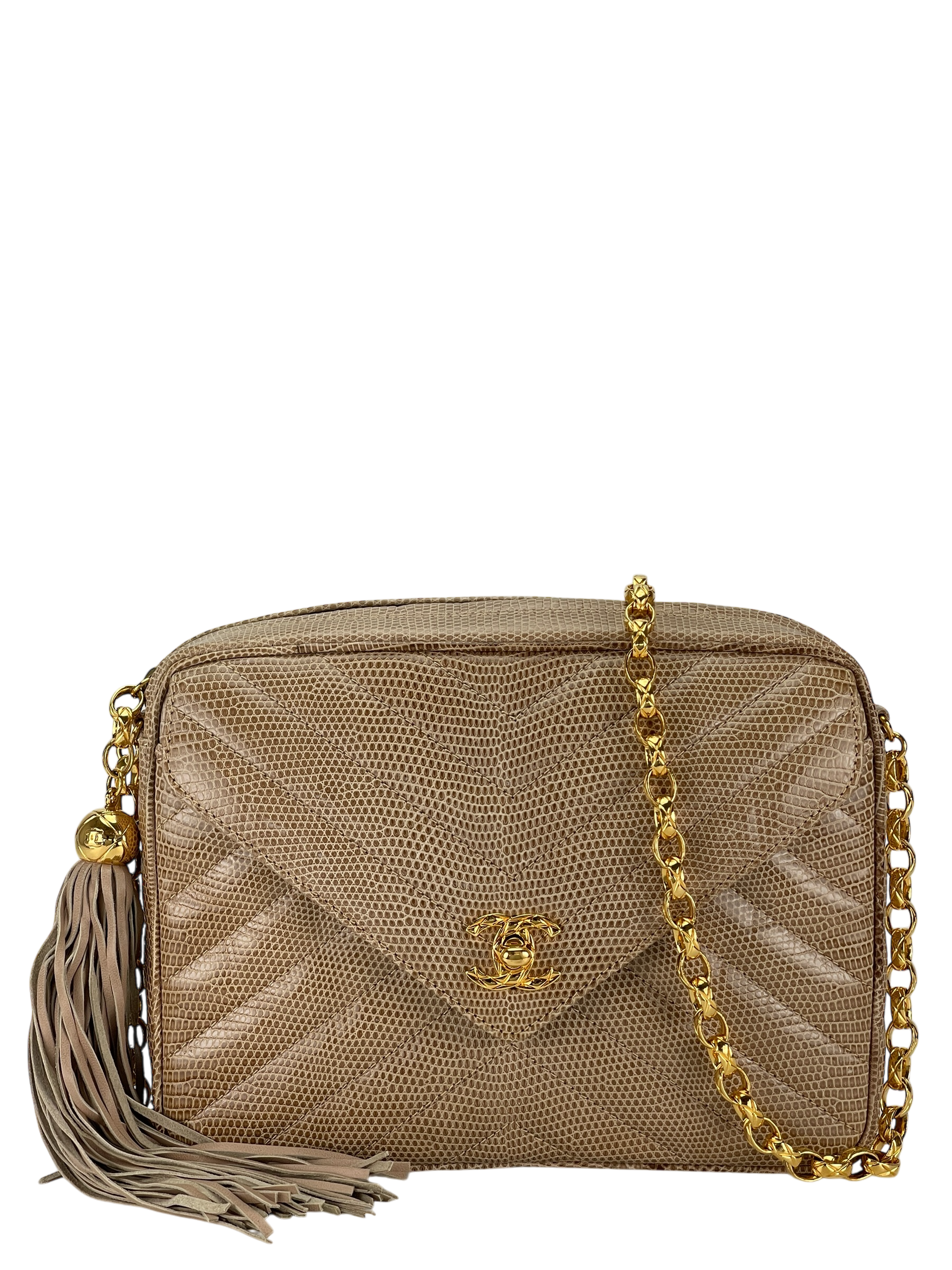 CHANEL - Lizard Leather Fringe Camera Chain Shoulder Bag 