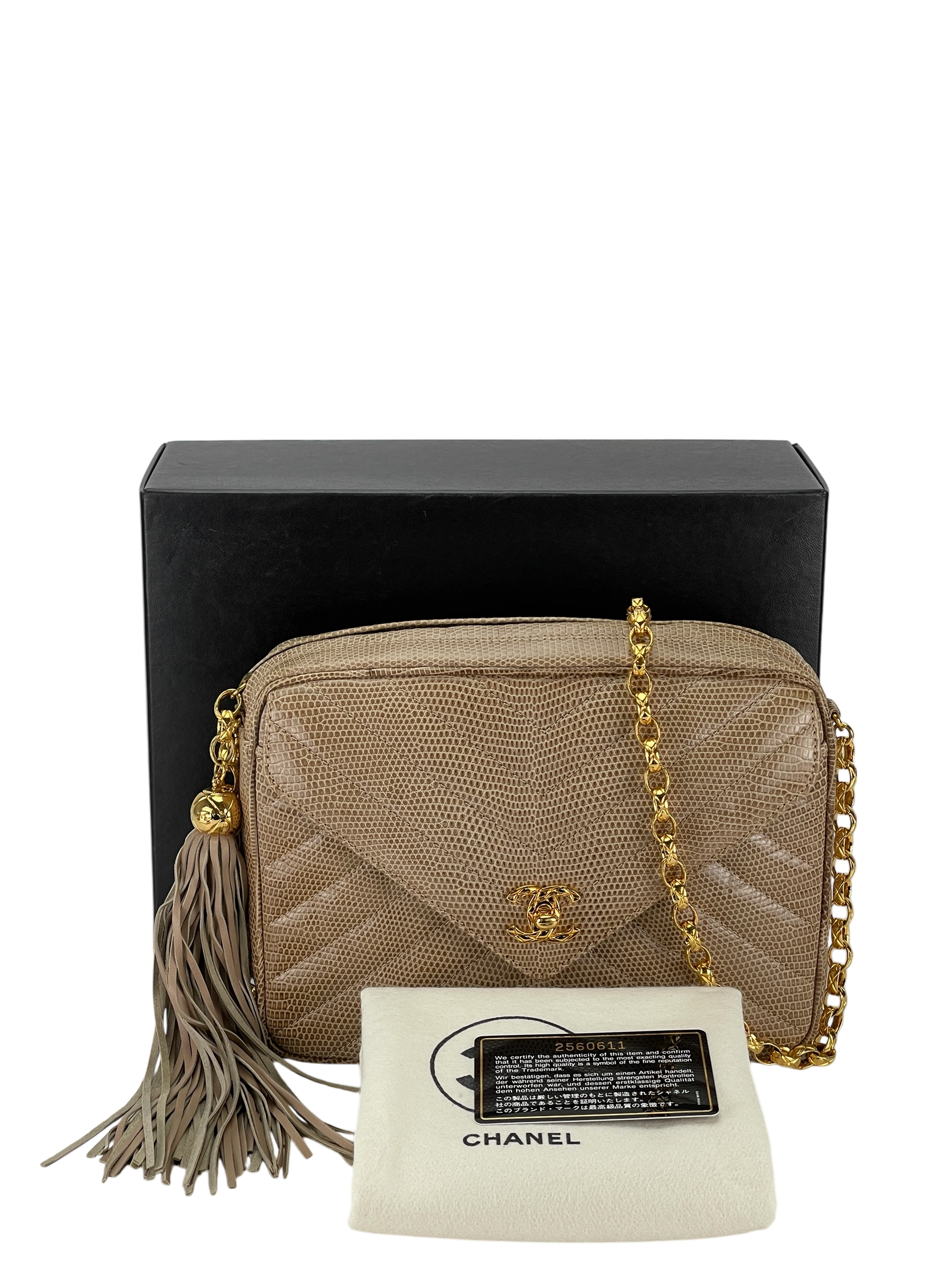 CHANEL - Lizard Leather Fringe Camera Chain Shoulder Bag 