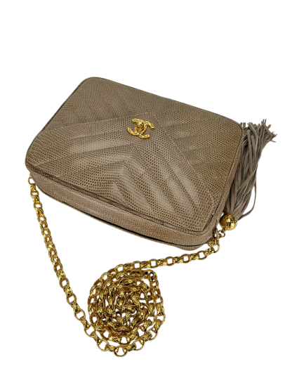 CHANEL - Lizard Leather Fringe Camera Chain Shoulder Bag 