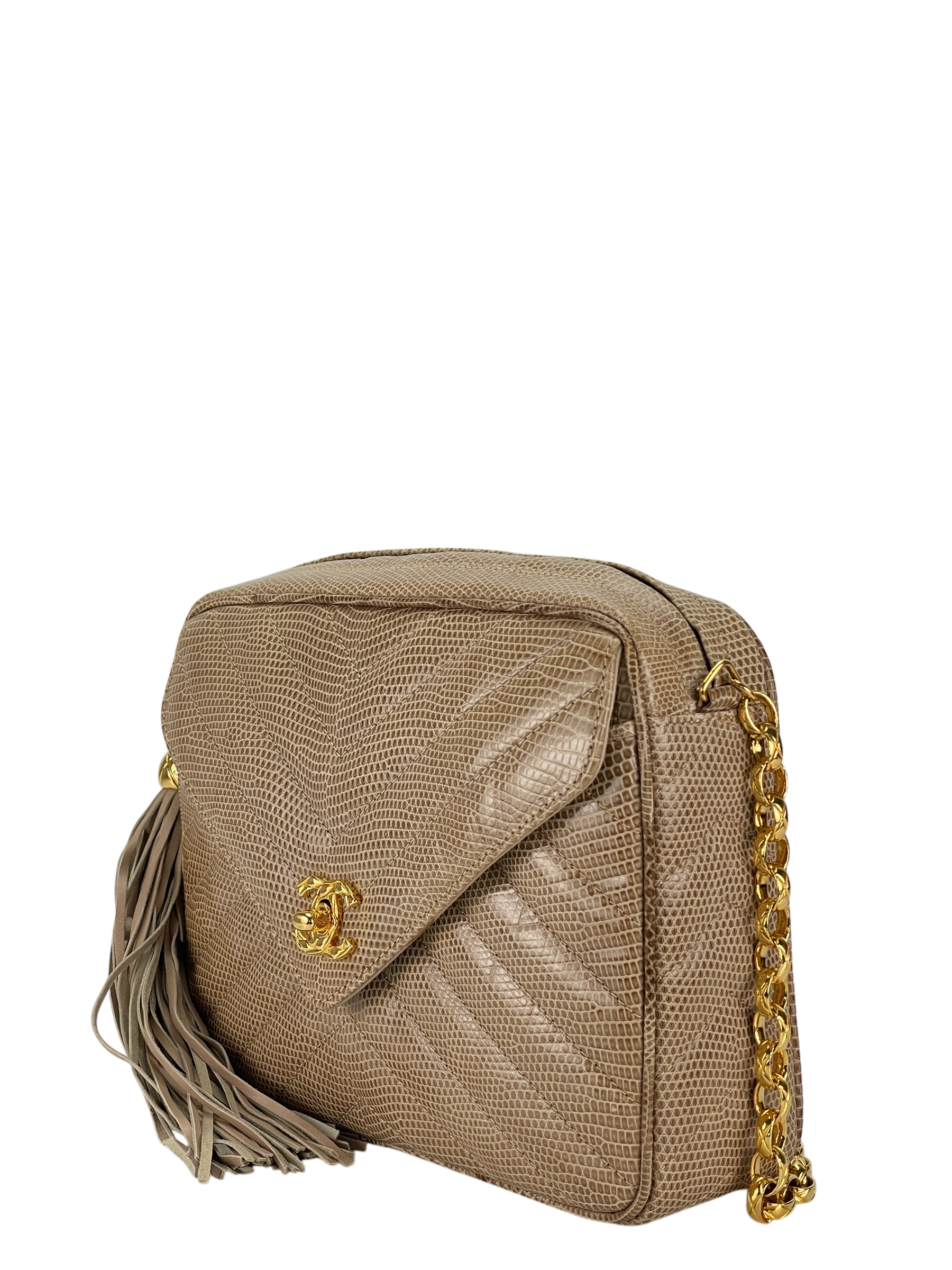 CHANEL - Lizard Leather Fringe Camera Chain Shoulder Bag 