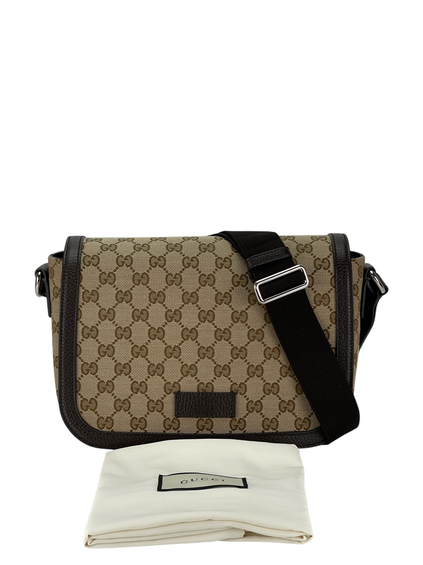 GUCCI - Beige Brown GG Canvas Leather Flap Crossbody Bag Shoulder Bag