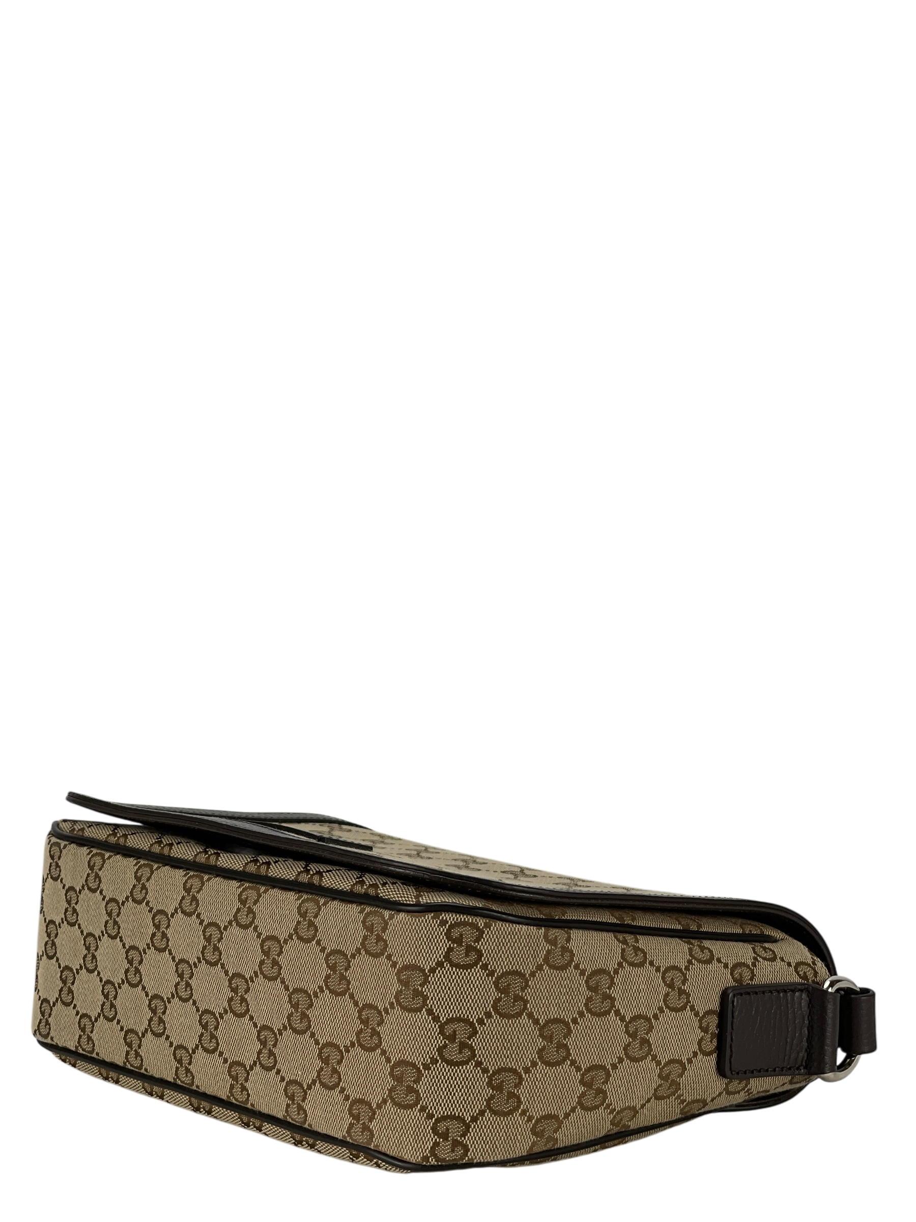 GUCCI - Beige Brown GG Canvas Leather Flap Crossbody Bag Shoulder Bag
