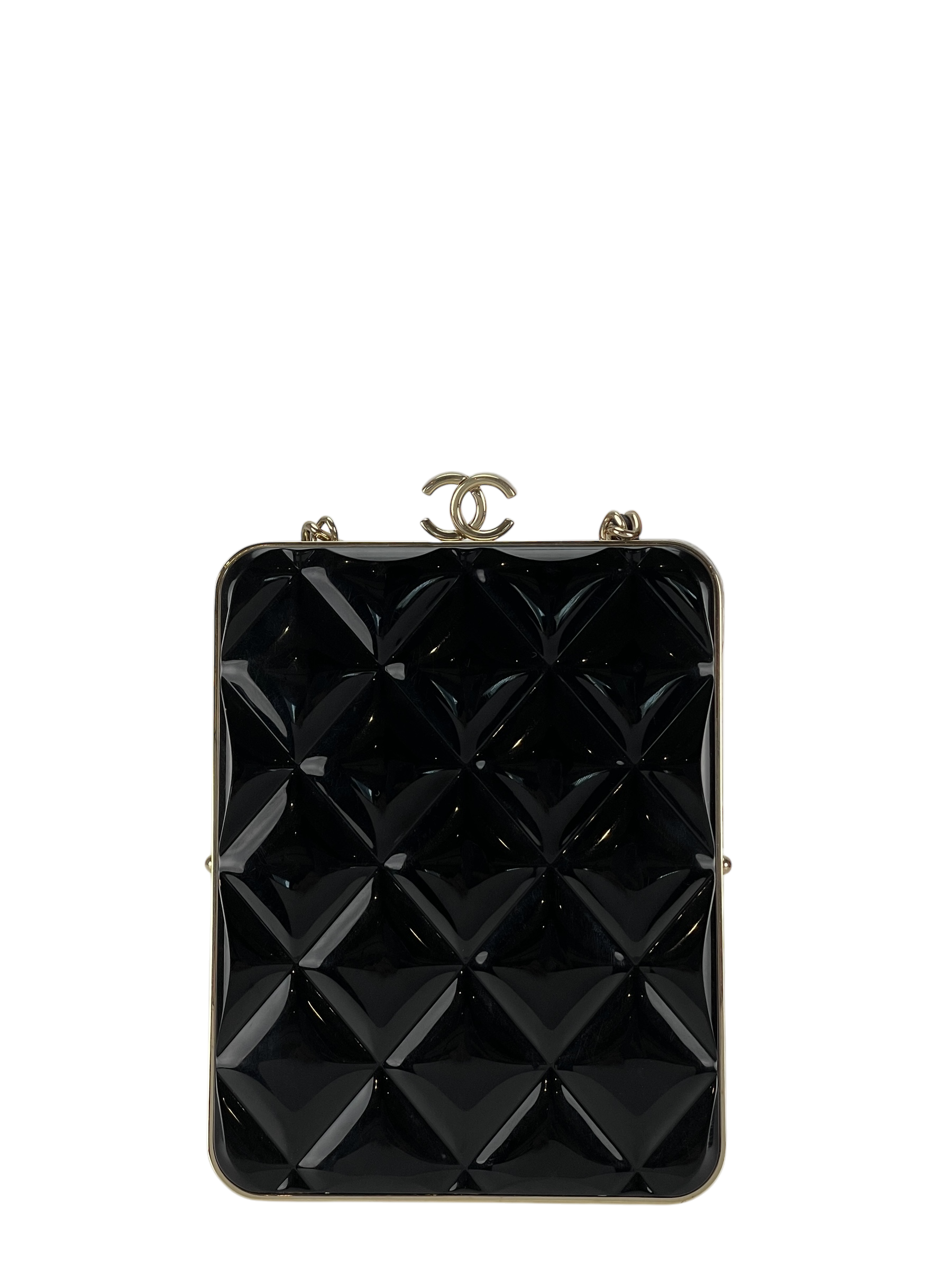 CHANEL - Black Lambskin and Plexi Quilted Evening Clutch Pale Gold Hardware