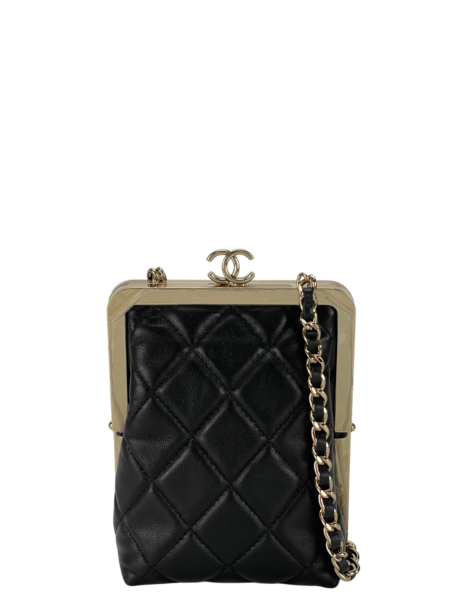 CHANEL - Black Lambskin and Plexi Quilted Evening Clutch Pale Gold Hardware