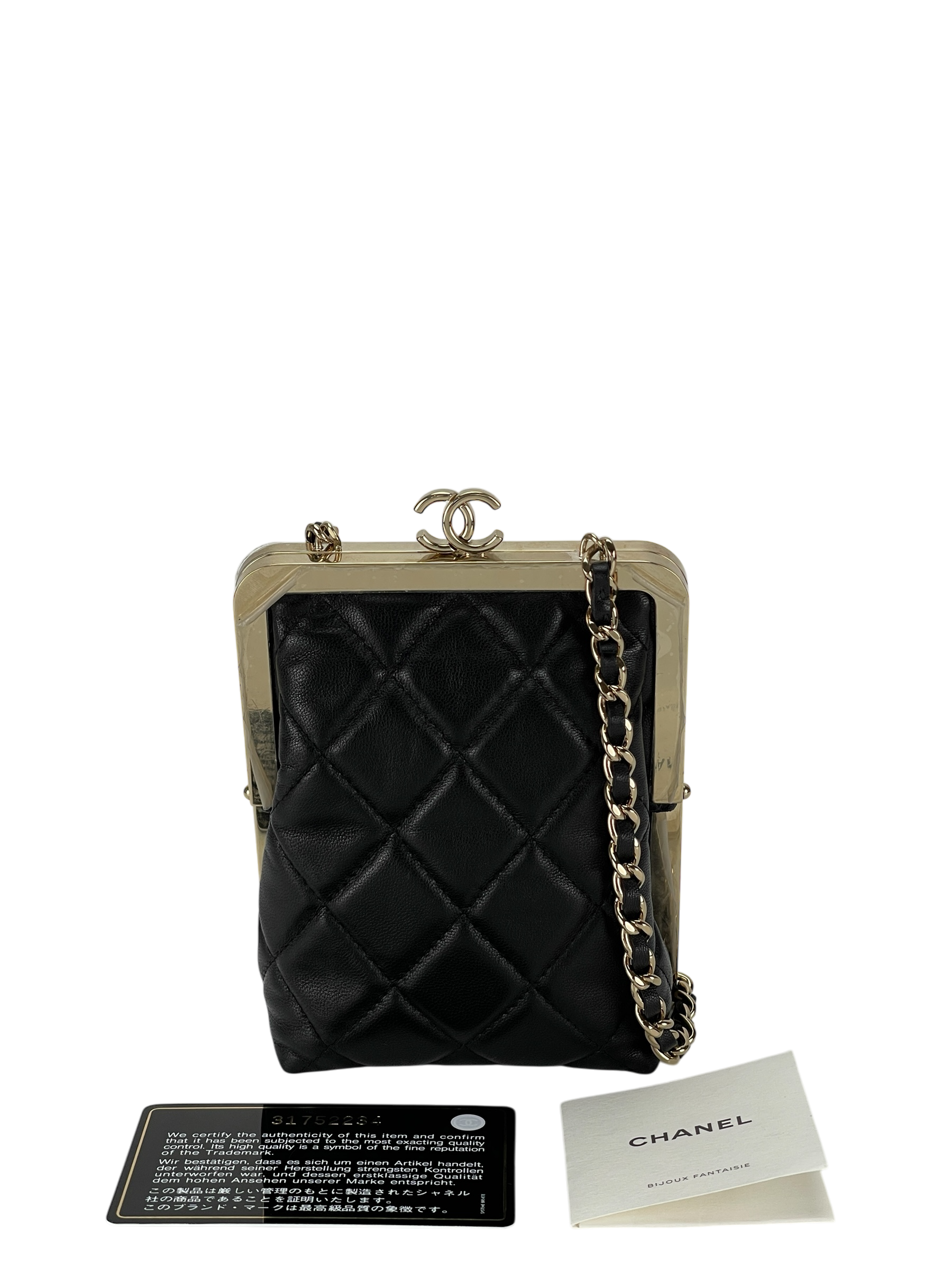 CHANEL - Black Lambskin and Plexi Quilted Evening Clutch Pale Gold Hardware