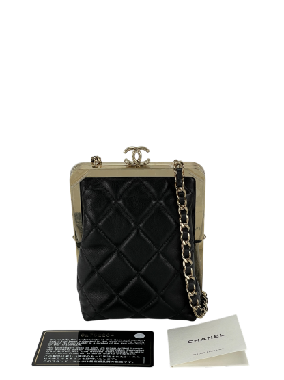 CHANEL - Black Lambskin and Plexi Quilted Evening Clutch Pale Gold Hardware