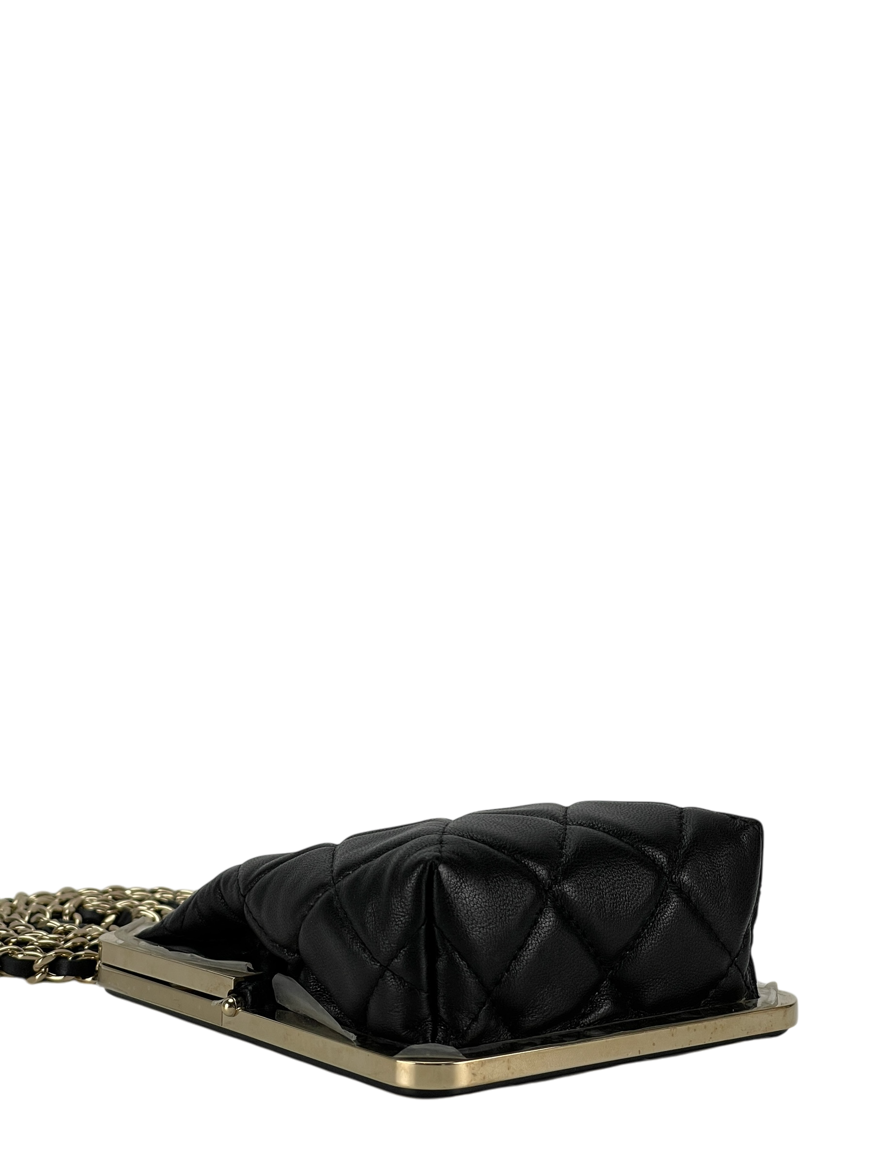 CHANEL - Black Lambskin and Plexi Quilted Evening Clutch Pale Gold Hardware