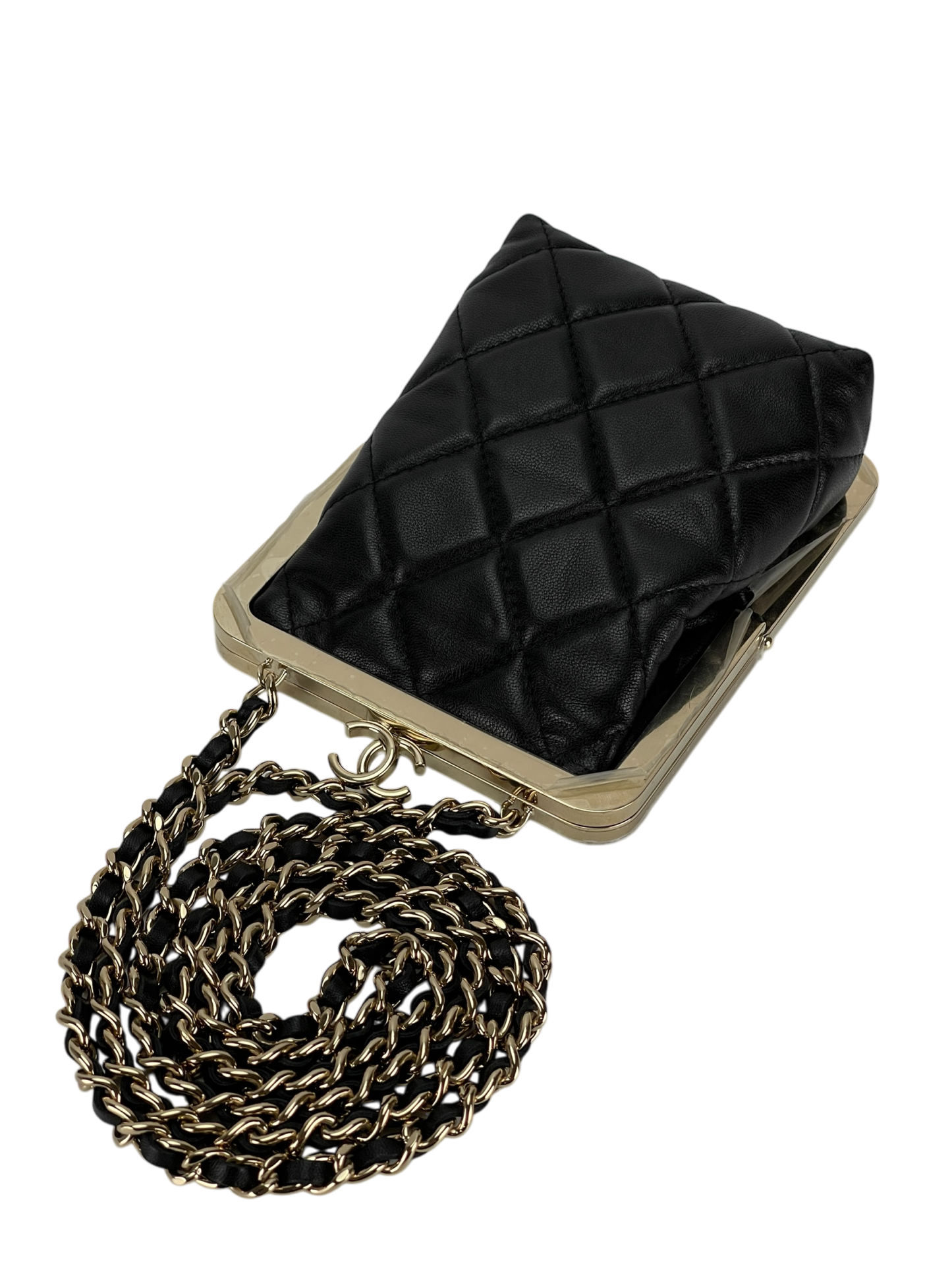 CHANEL - Black Lambskin and Plexi Quilted Evening Clutch Pale Gold Hardware