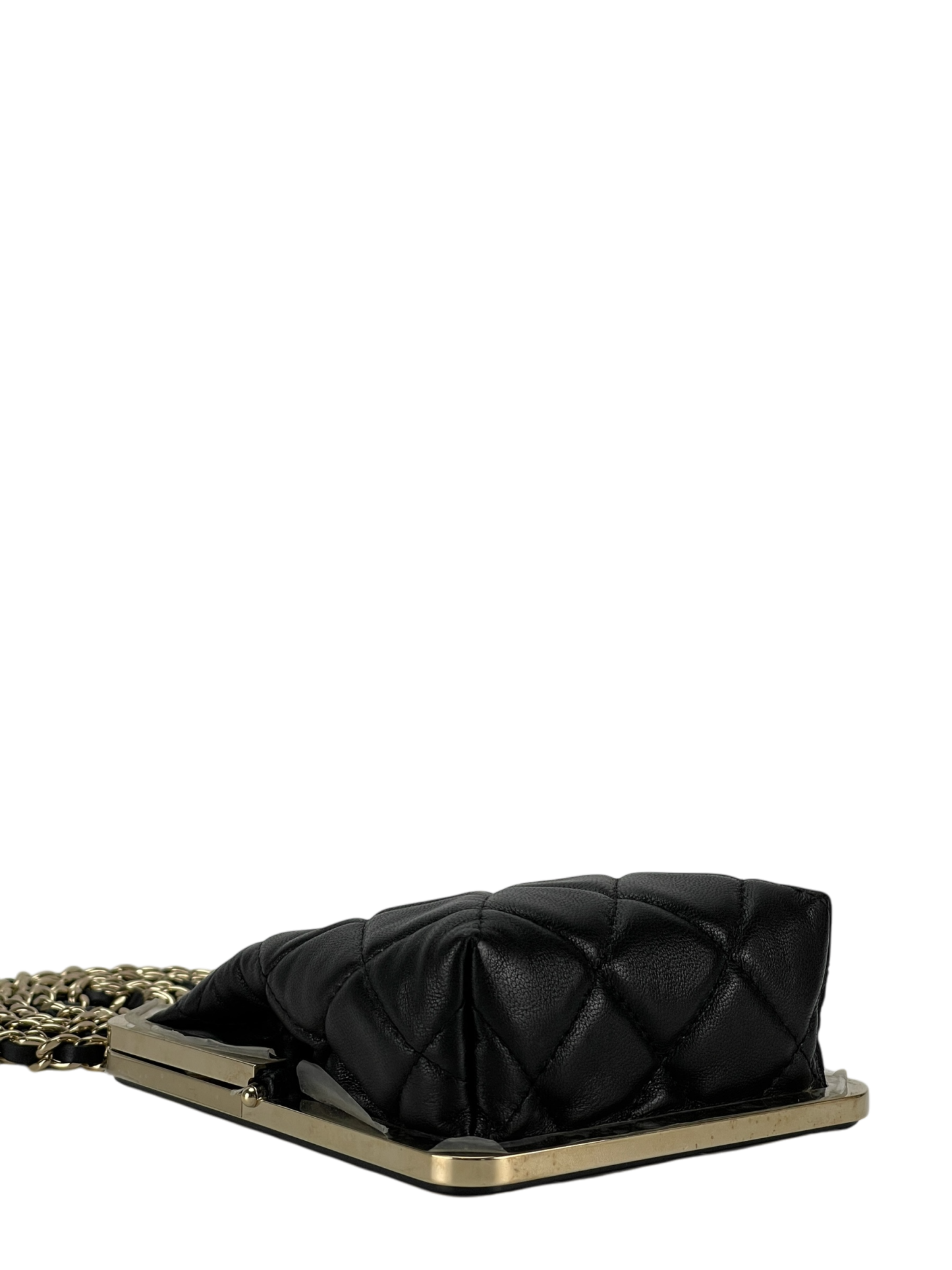 CHANEL - Black Lambskin and Plexi Quilted Evening Clutch Pale Gold Hardware