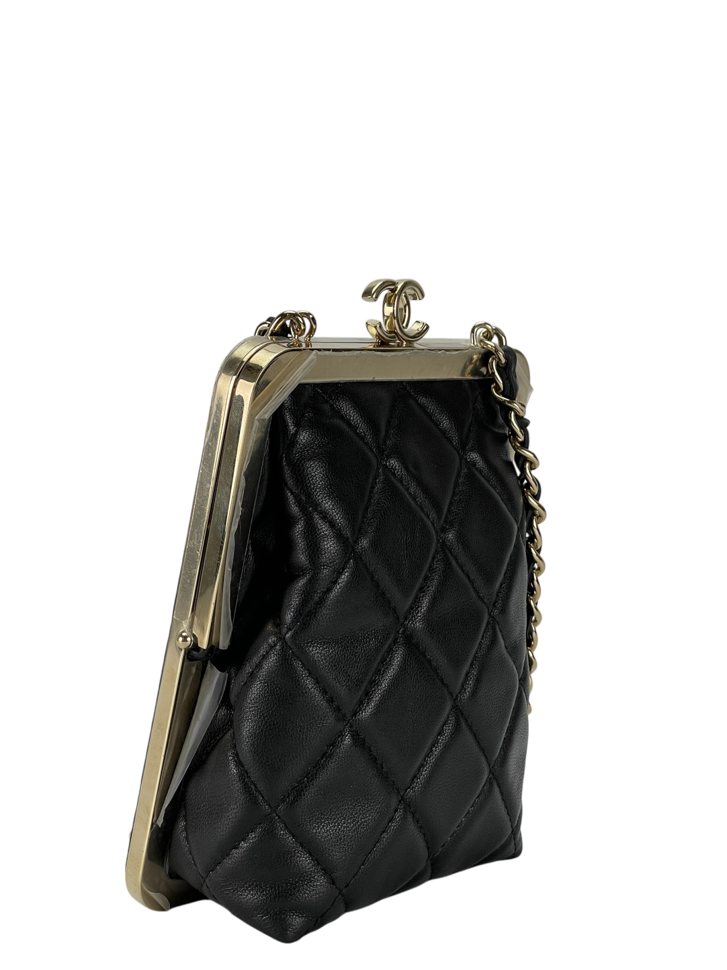 CHANEL - Black Lambskin and Plexi Quilted Evening Clutch Pale Gold Hardware