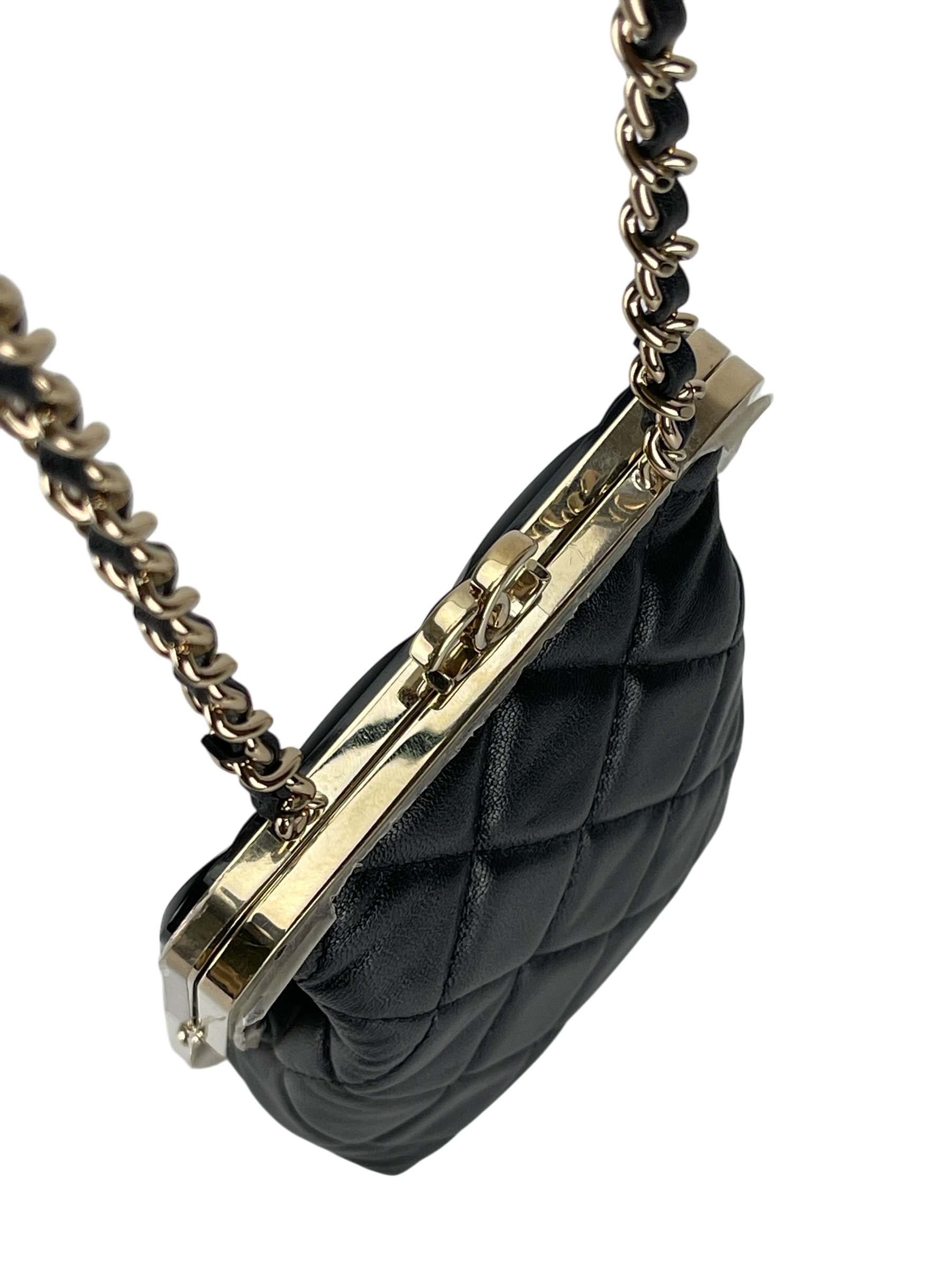 CHANEL - Black Lambskin and Plexi Quilted Evening Clutch Pale Gold Hardware