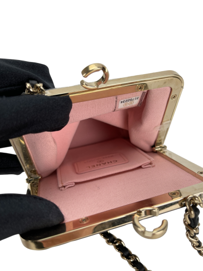 CHANEL - Black Lambskin and Plexi Quilted Evening Clutch Pale Gold Hardware