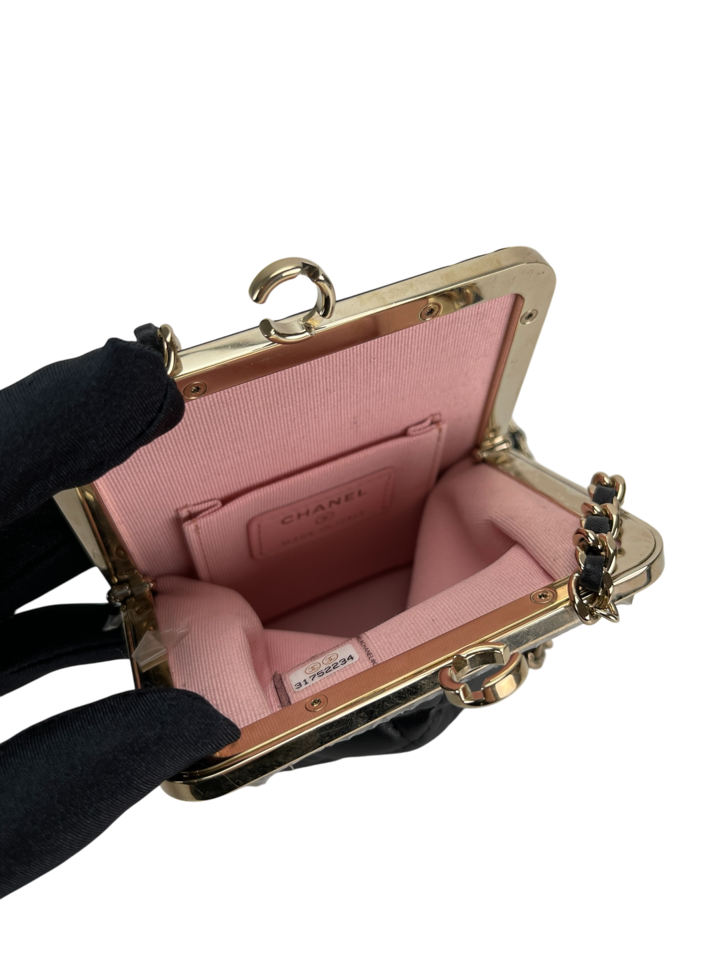 CHANEL - Black Lambskin and Plexi Quilted Evening Clutch Pale Gold Hardware