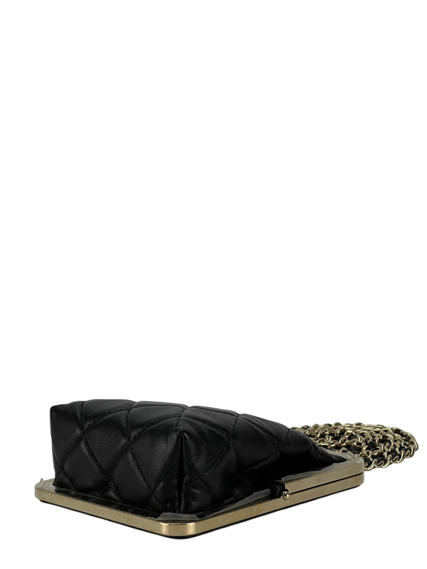 CHANEL - Black Lambskin and Plexi Quilted Evening Clutch Pale Gold Hardware