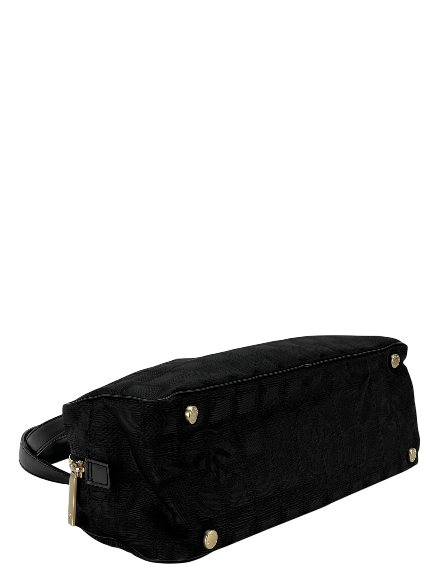 CHANEL - New Travel Line Mini Boston Bag Handbag Nylon Jacquard Leather Black