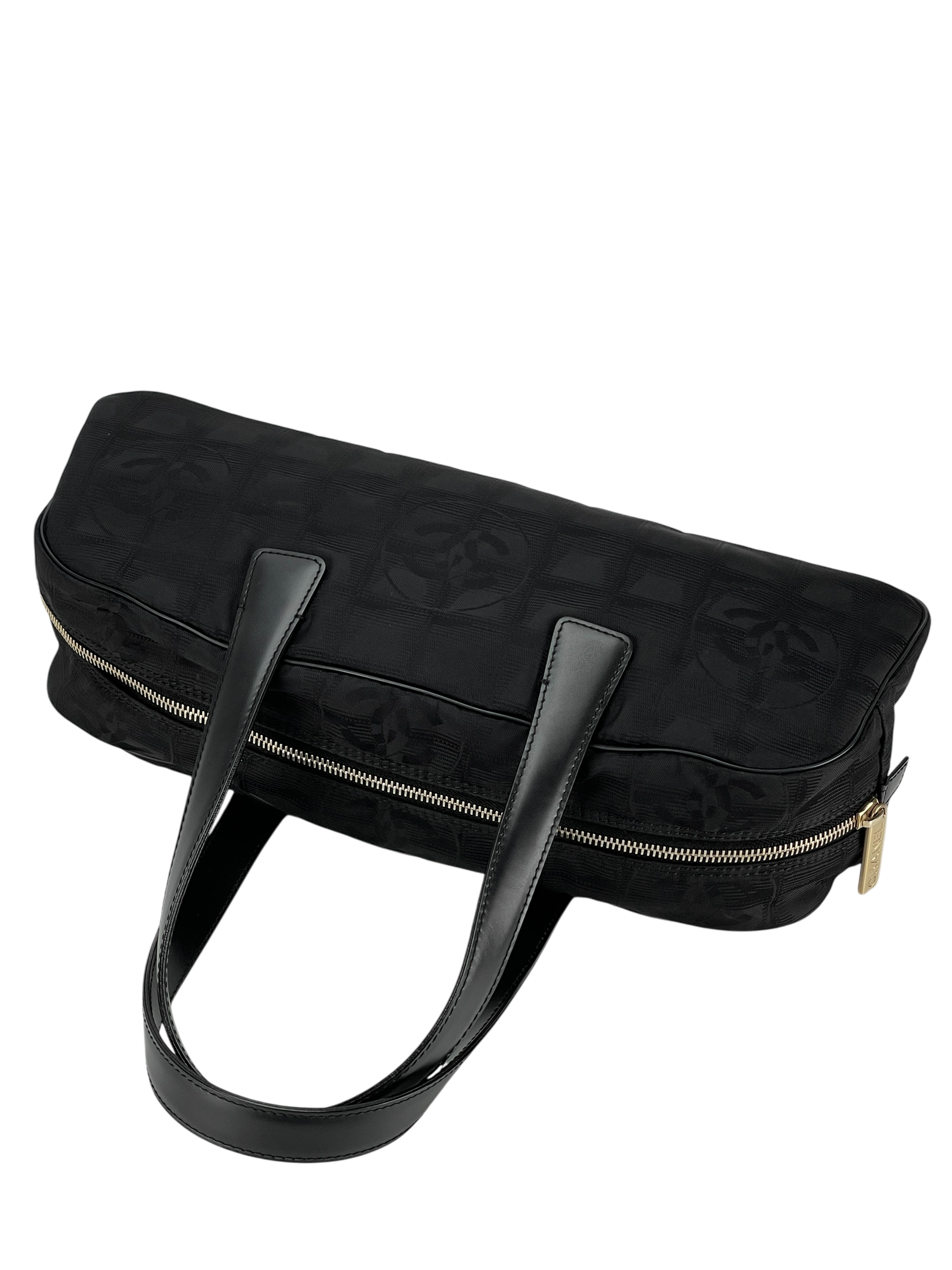 CHANEL - New Travel Line Mini Boston Bag Handbag Nylon Jacquard Leather Black