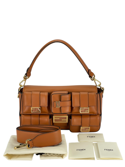 FENDI - Brown Multi Pocket Baguette Bag With FF Clasp Five Patch Pockets