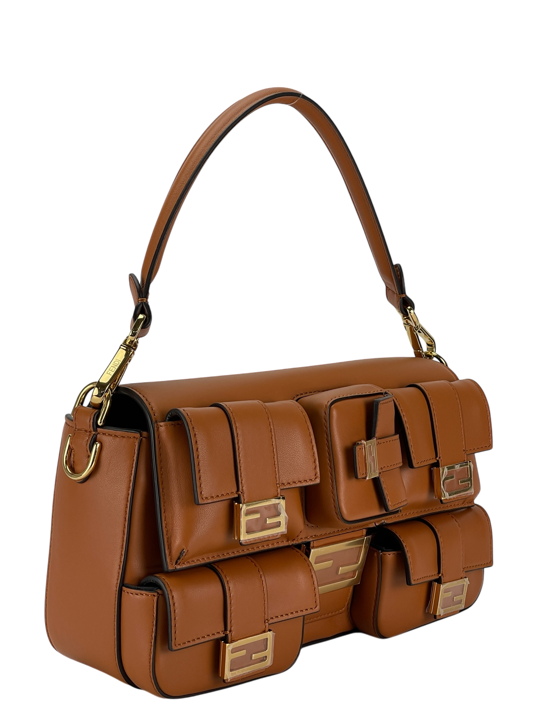 FENDI - Brown Multi Pocket Baguette Bag With FF Clasp Five Patch Pockets