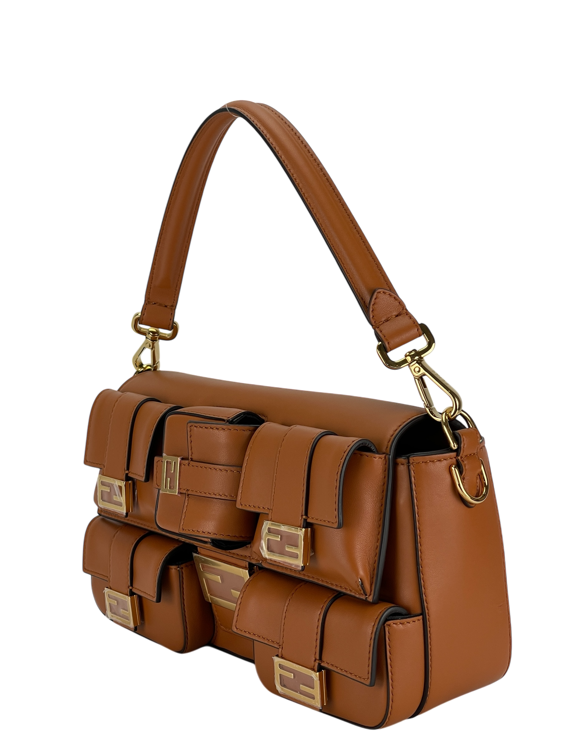 FENDI - Brown Multi Pocket Baguette Bag With FF Clasp Five Patch Pockets