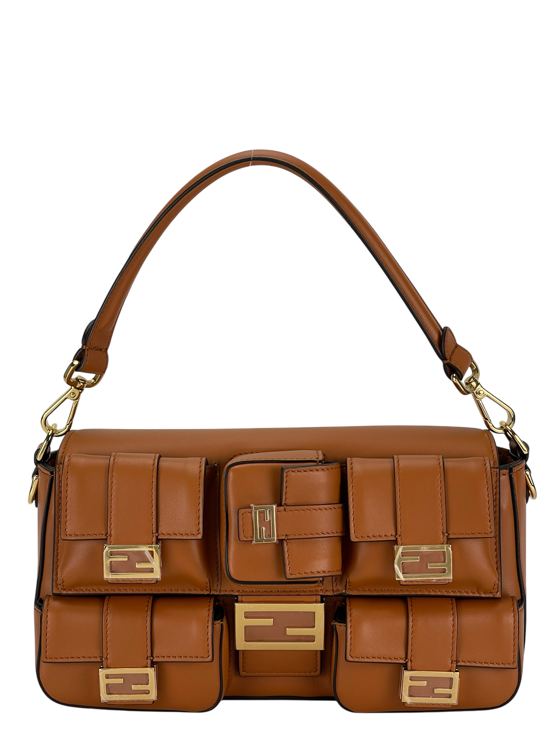 FENDI - Brown Multi Pocket Baguette Bag With FF Clasp Five Patch Pockets
