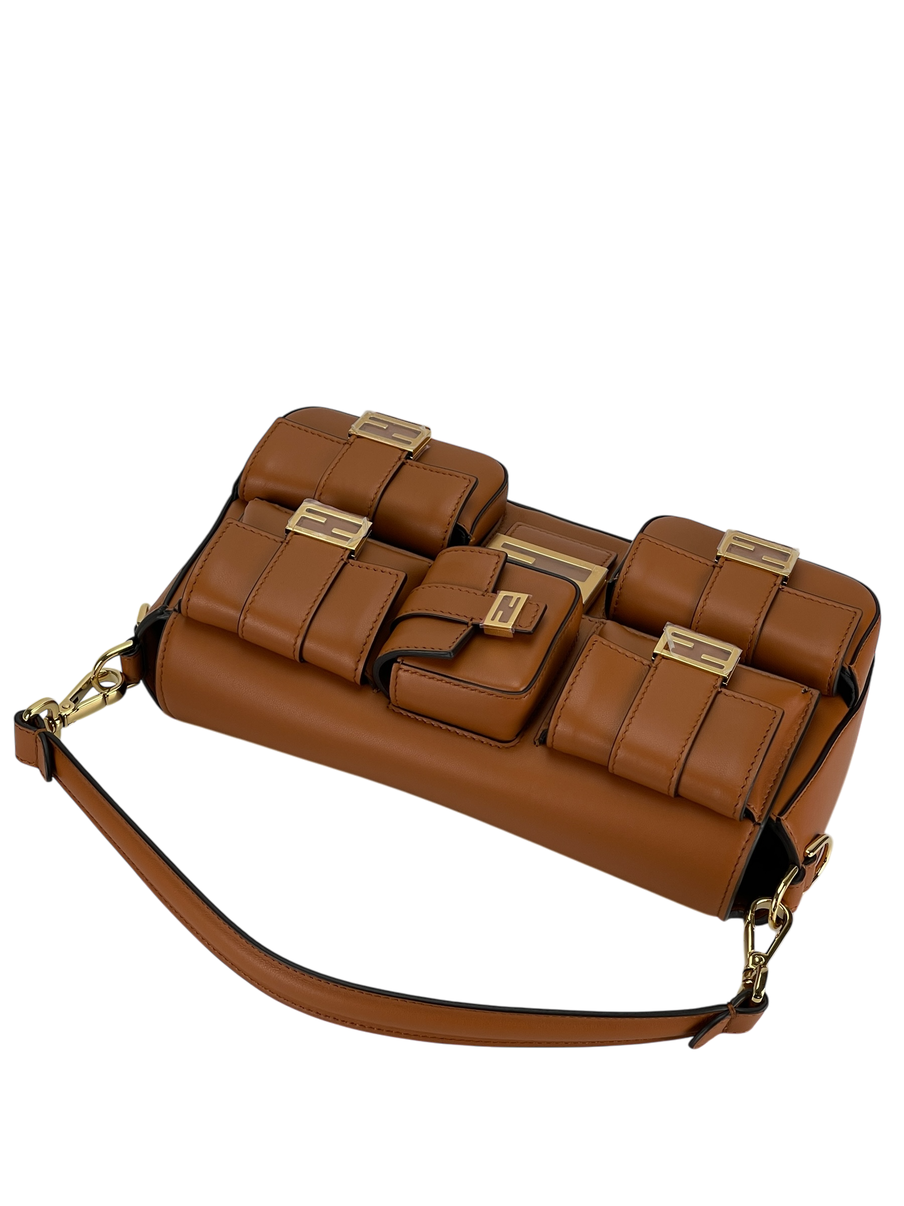 FENDI - Brown Multi Pocket Baguette Bag With FF Clasp Five Patch Pockets