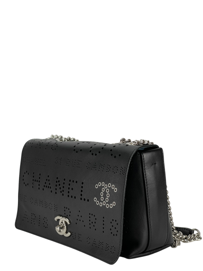 CHANEL - Coco Mark Punched Leather Single Flap Double Chain Bag Black Silver Hardware with Pouch