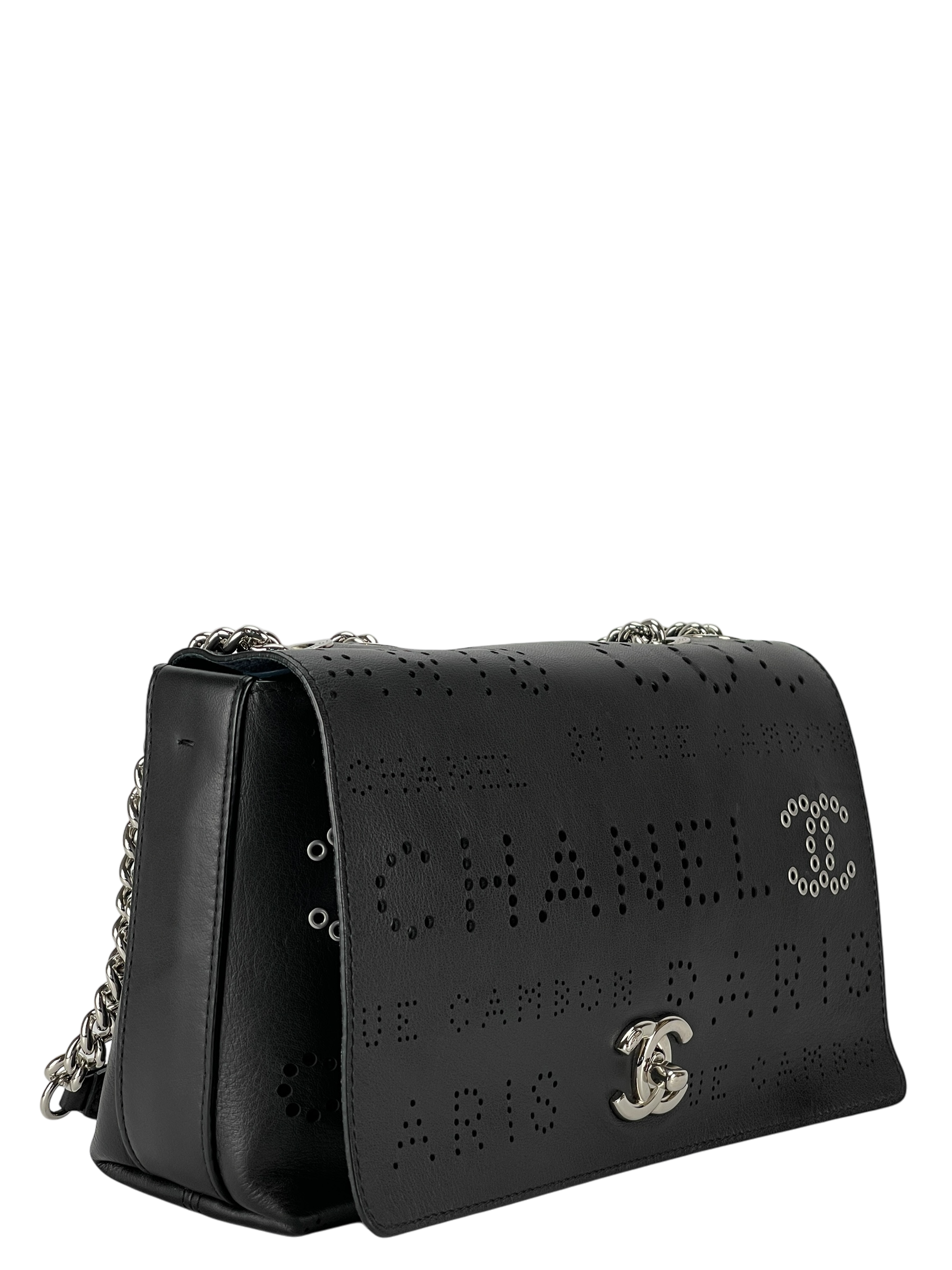 CHANEL - Coco Mark Punched Leather Single Flap Double Chain Bag Black Silver Hardware with Pouch