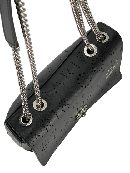 CHANEL - Coco Mark Punched Leather Single Flap Double Chain Bag Black Silver Hardware with Pouch