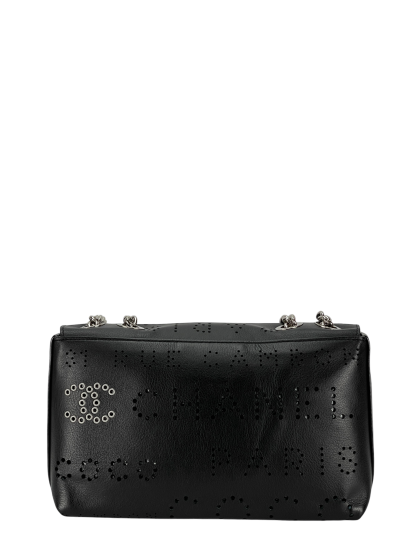 CHANEL - Coco Mark Punched Leather Single Flap Double Chain Bag Black Silver Hardware with Pouch