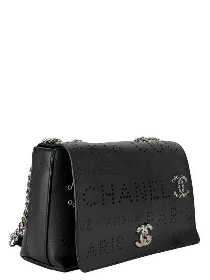 CHANEL - Coco Mark Punched Leather Single Flap Double Chain Bag Black Silver Hardware with Pouch