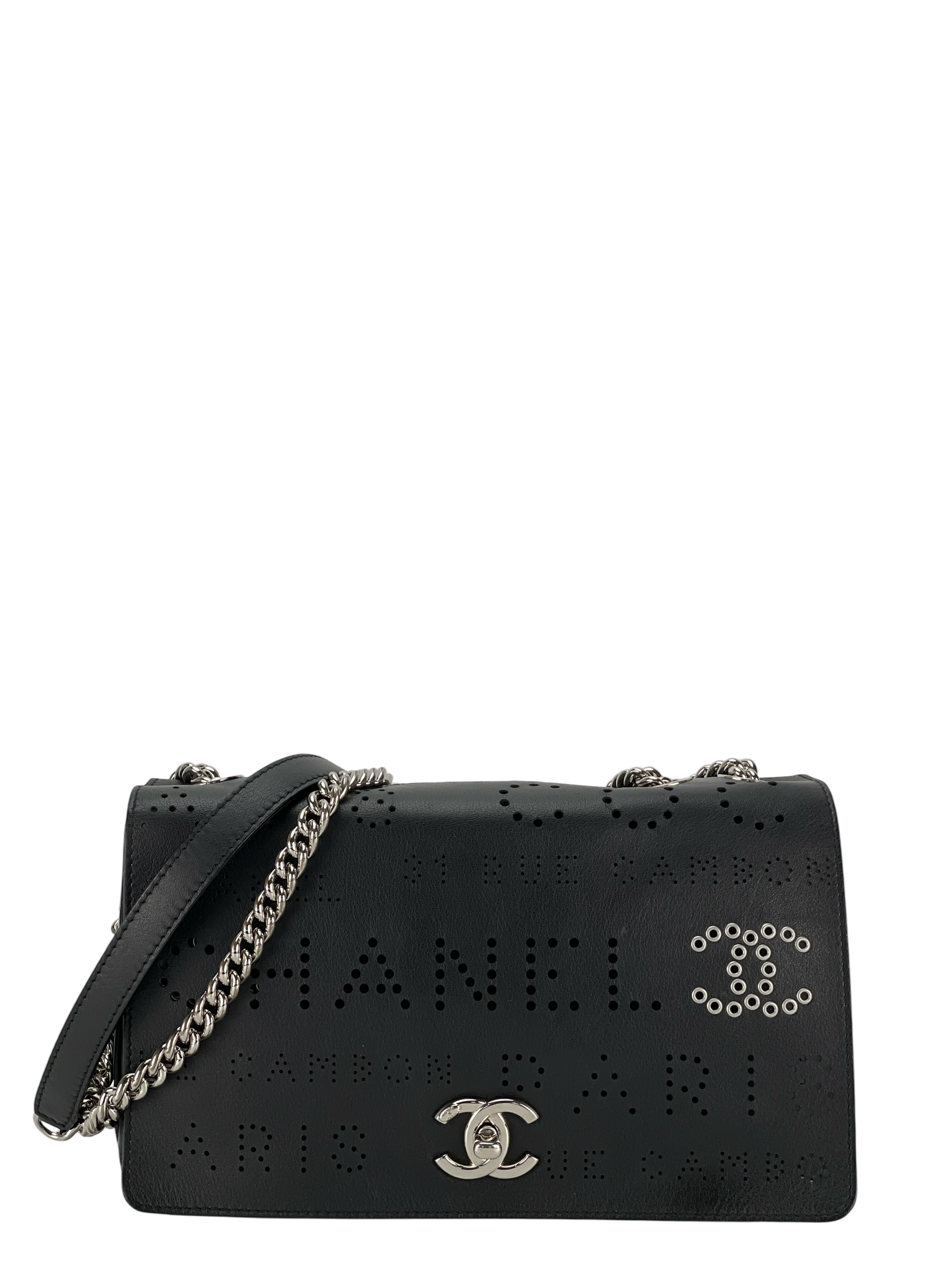 CHANEL - Coco Mark Punched Leather Single Flap Double Chain Bag Black Silver Hardware with Pouch
