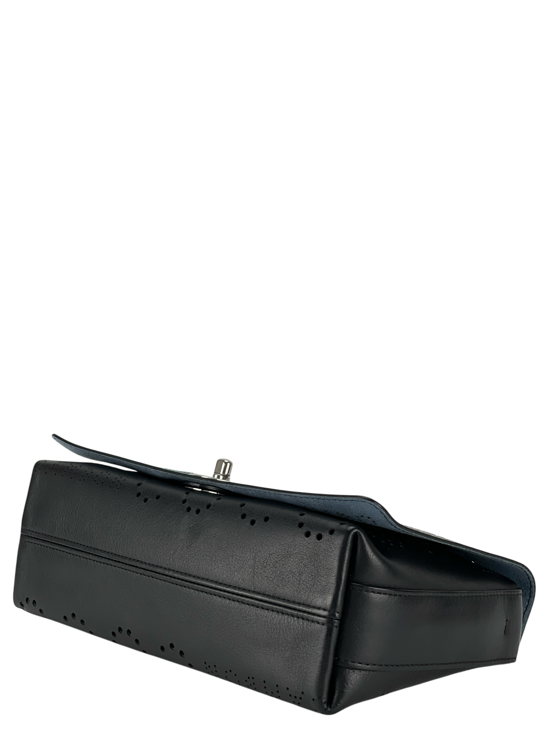 CHANEL - Coco Mark Punched Leather Single Flap Double Chain Bag Black Silver Hardware with Pouch