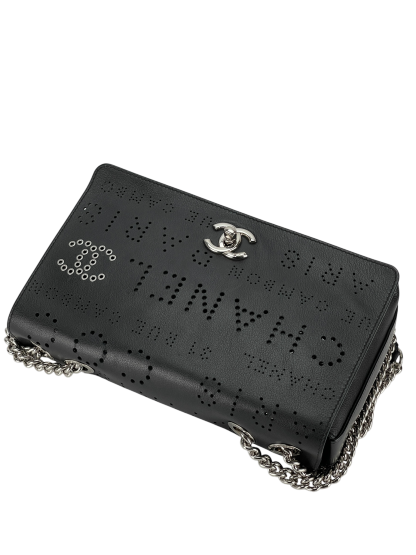 CHANEL - Coco Mark Punched Leather Single Flap Double Chain Bag Black Silver Hardware with Pouch