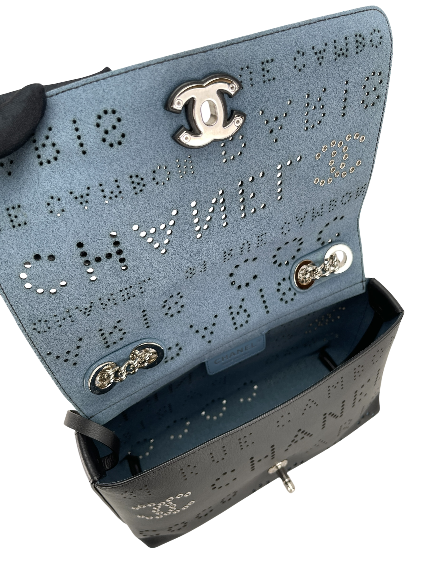 CHANEL - Coco Mark Punched Leather Single Flap Double Chain Bag Black Silver Hardware with Pouch