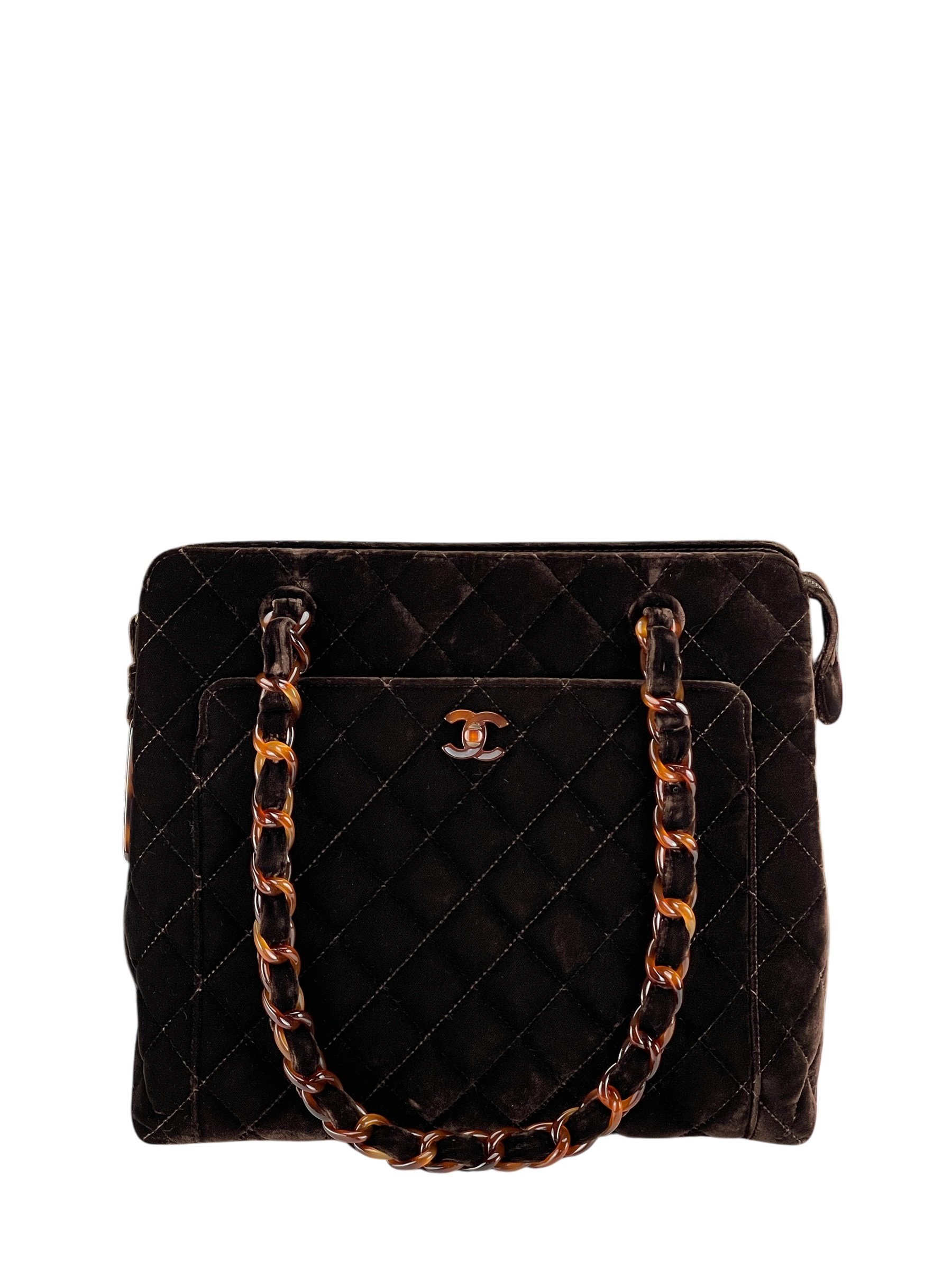 CHANEL - Brown Velvet Tortoiseshell Matelassé Velour Chain Shoulder Handbag