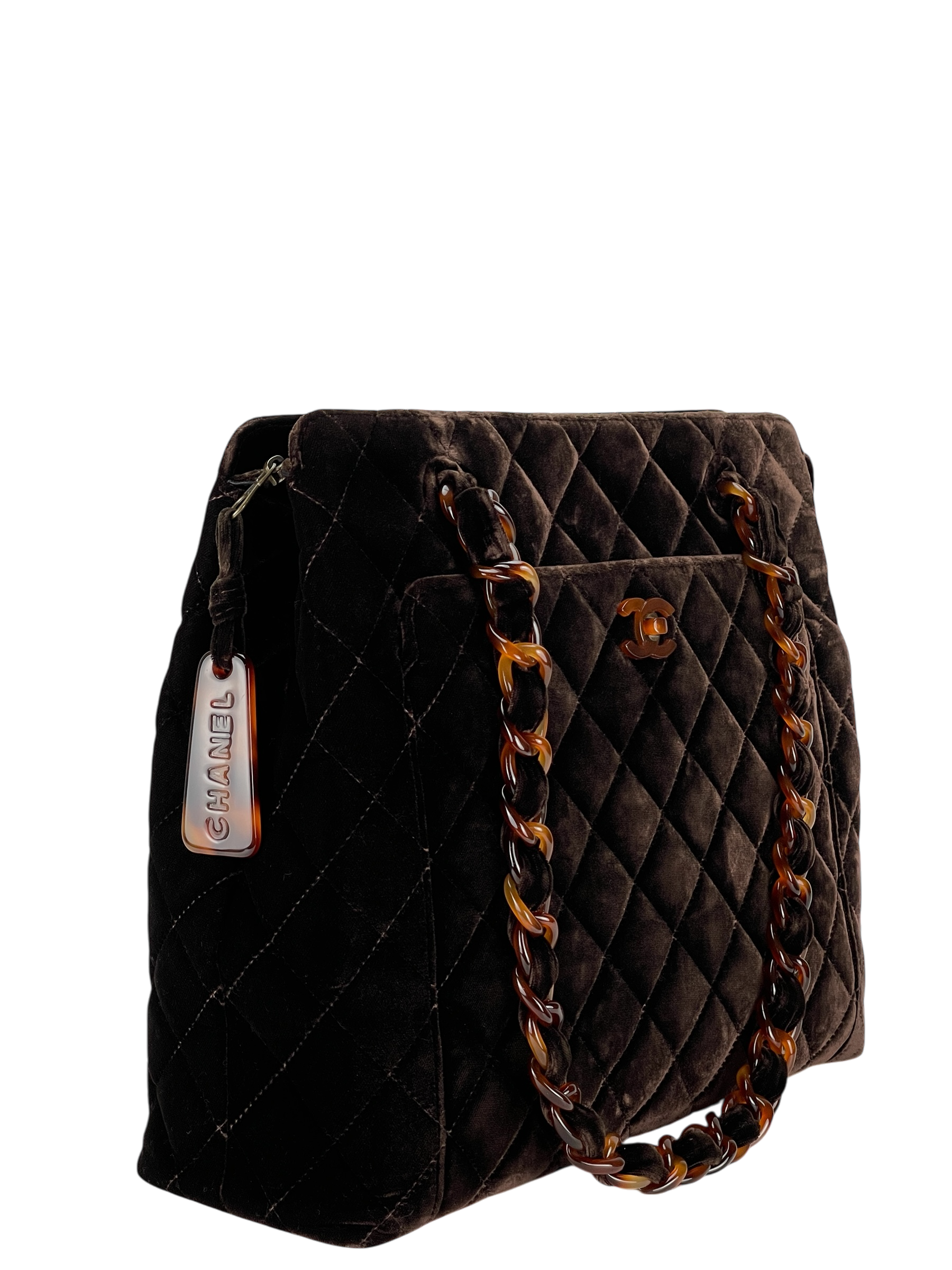 CHANEL - Brown Velvet Tortoiseshell Matelassé Velour Chain Shoulder Handbag