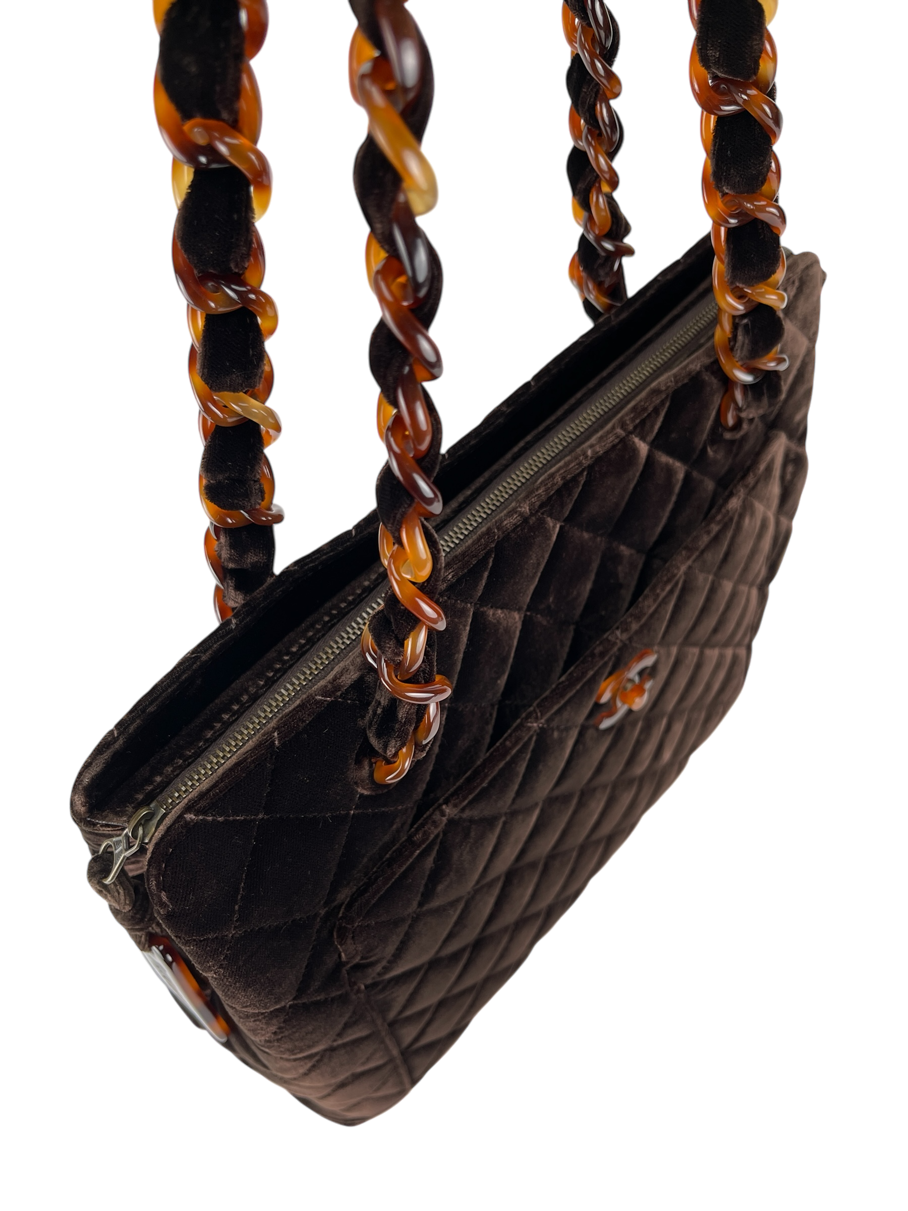CHANEL - Brown Velvet Tortoiseshell Matelassé Velour Chain Shoulder Handbag