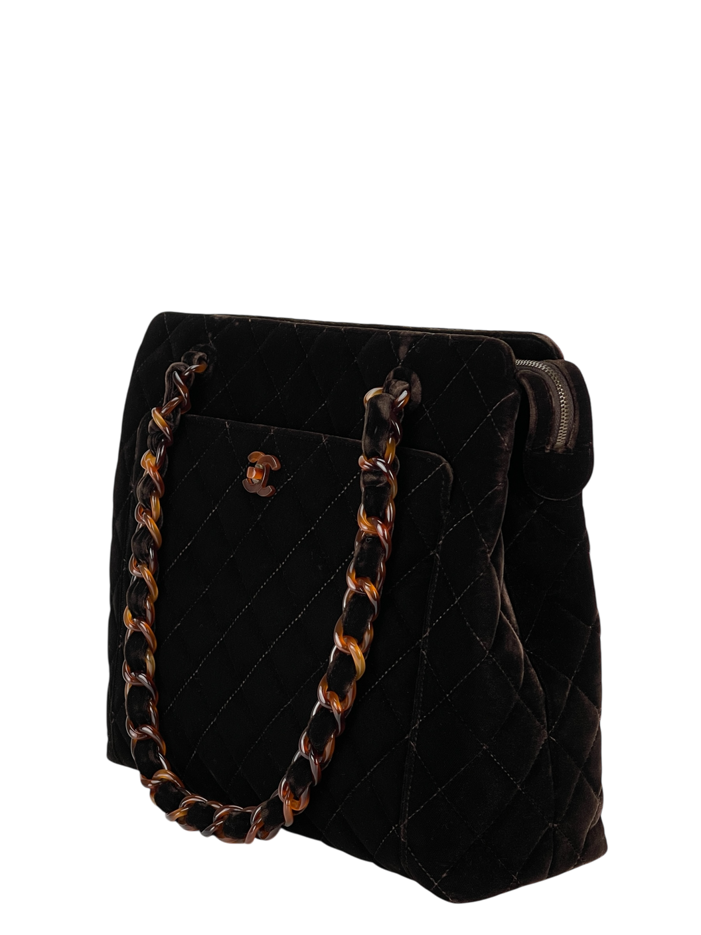 CHANEL - Brown Velvet Tortoiseshell Matelassé Velour Chain Shoulder Handbag