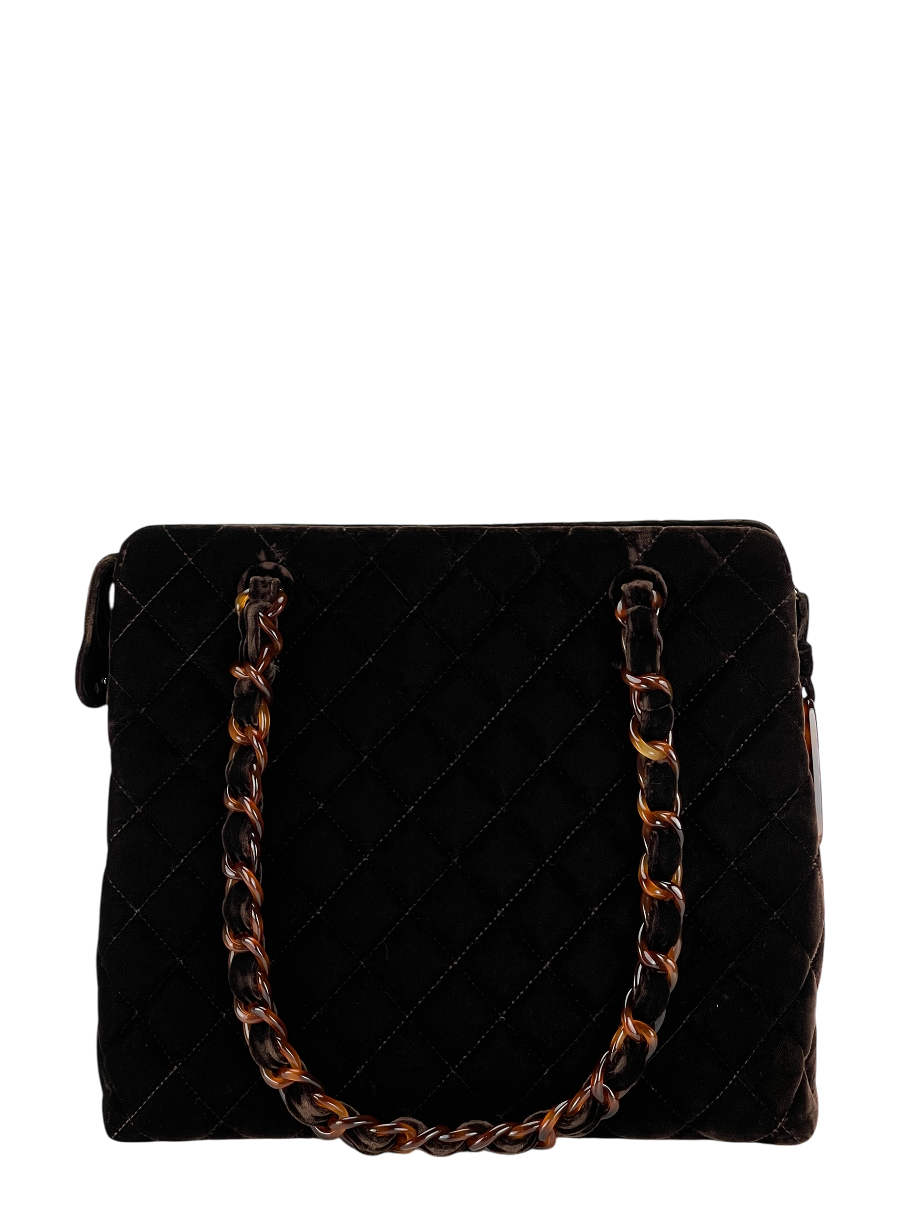 CHANEL - Brown Velvet Tortoiseshell Matelassé Velour Chain Shoulder Handbag