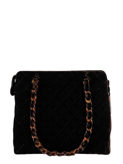 CHANEL - Brown Velvet Tortoiseshell Matelassé Velour Chain Shoulder Handbag