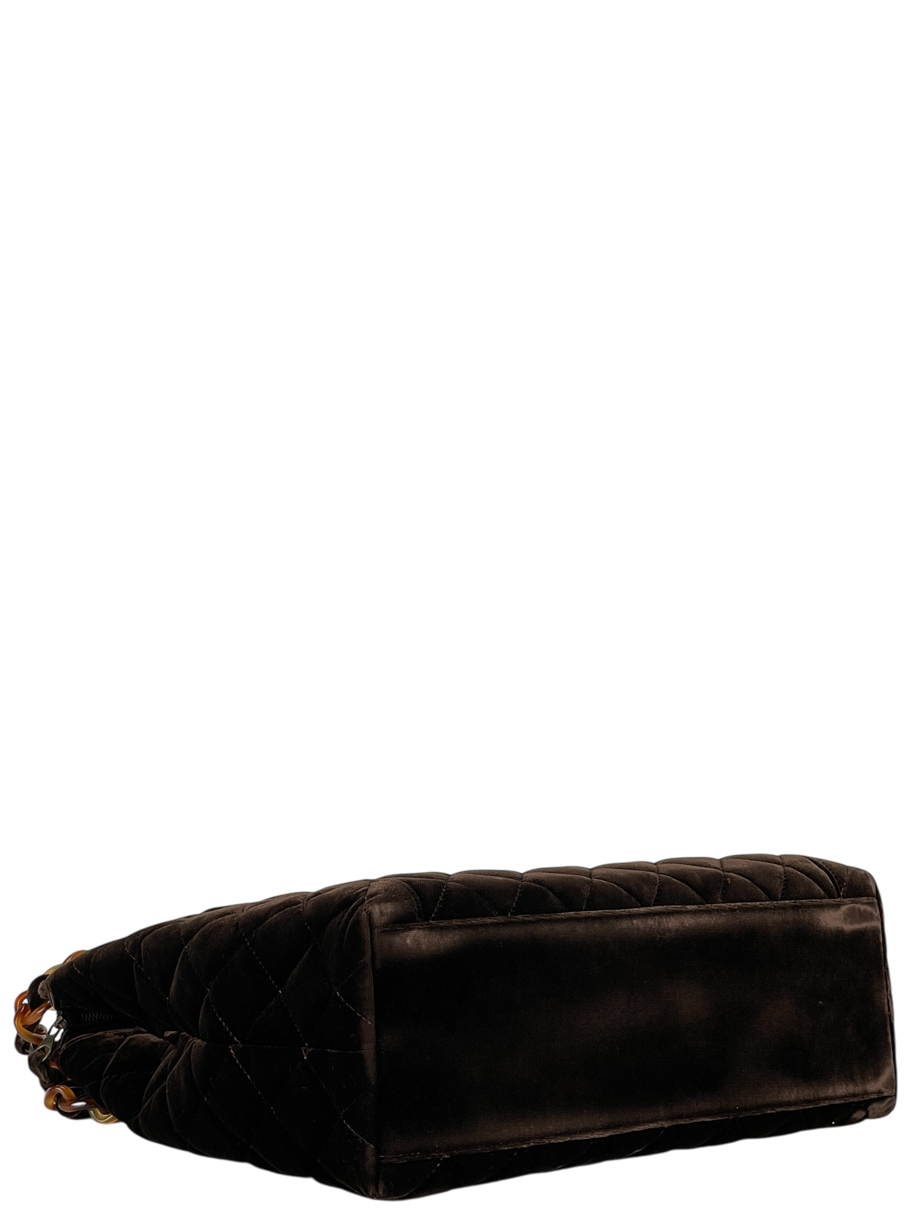 CHANEL - Brown Velvet Tortoiseshell Matelassé Velour Chain Shoulder Handbag