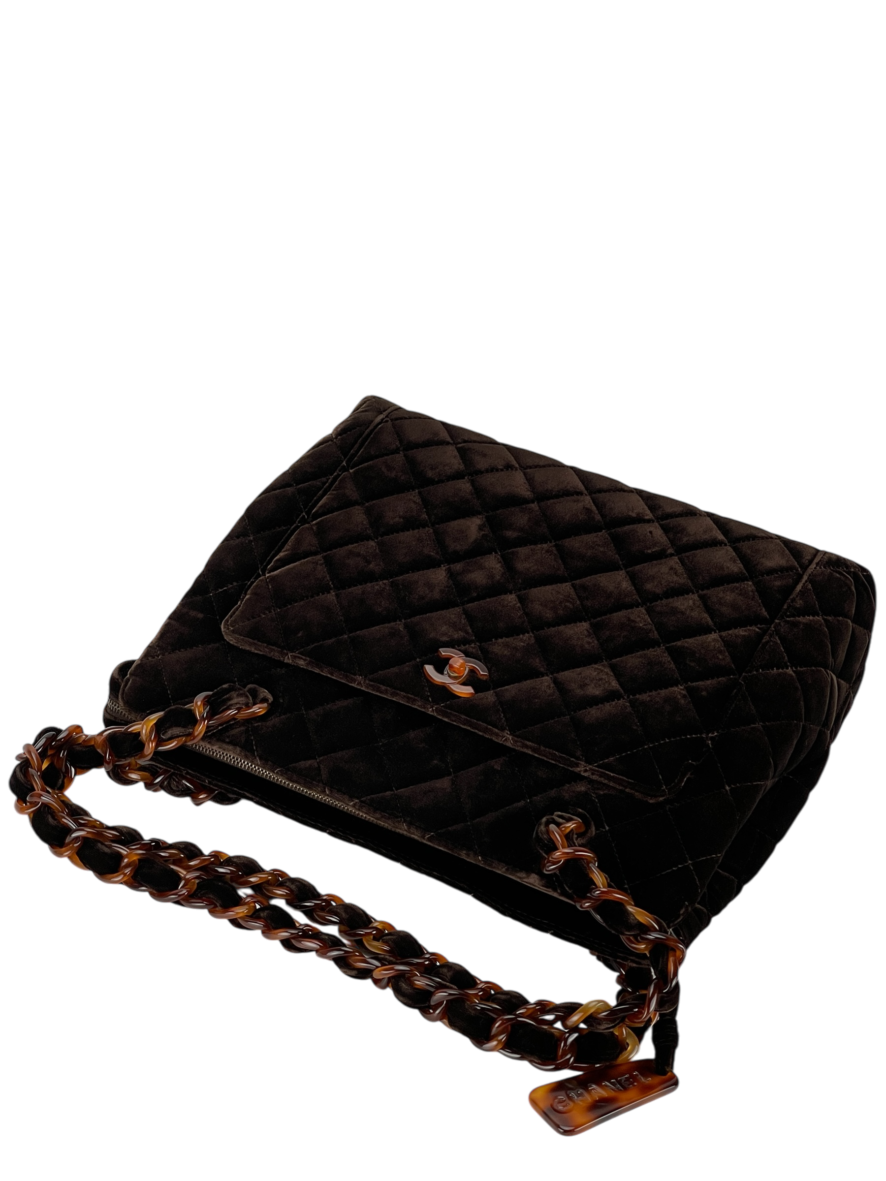 CHANEL - Brown Velvet Tortoiseshell Matelassé Velour Chain Shoulder Handbag