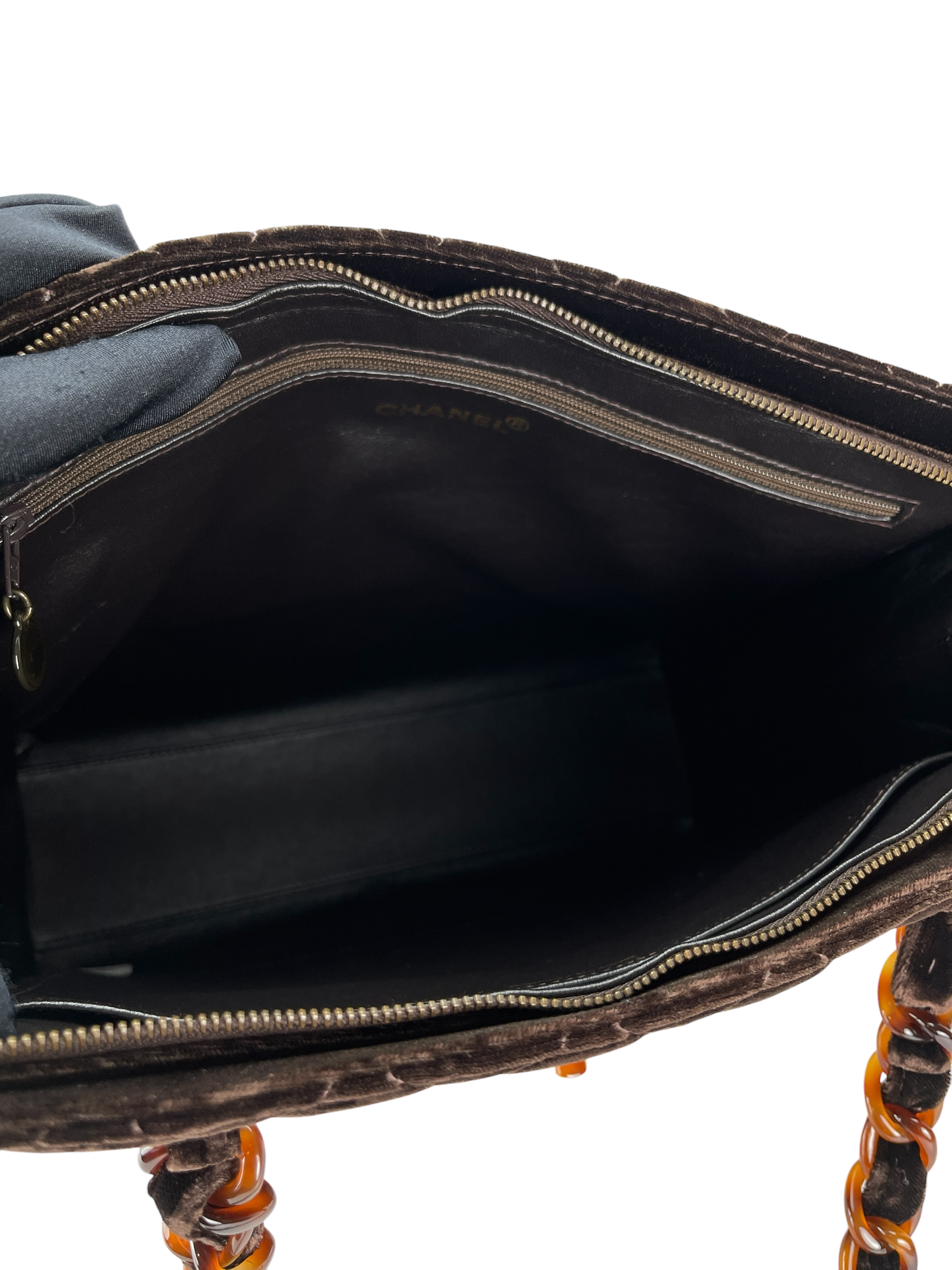 CHANEL ブラウンベルベットショルダーバッグ CHANEL - Brown Velvet Tortoiseshell Chain Shoulder Bag Handbag