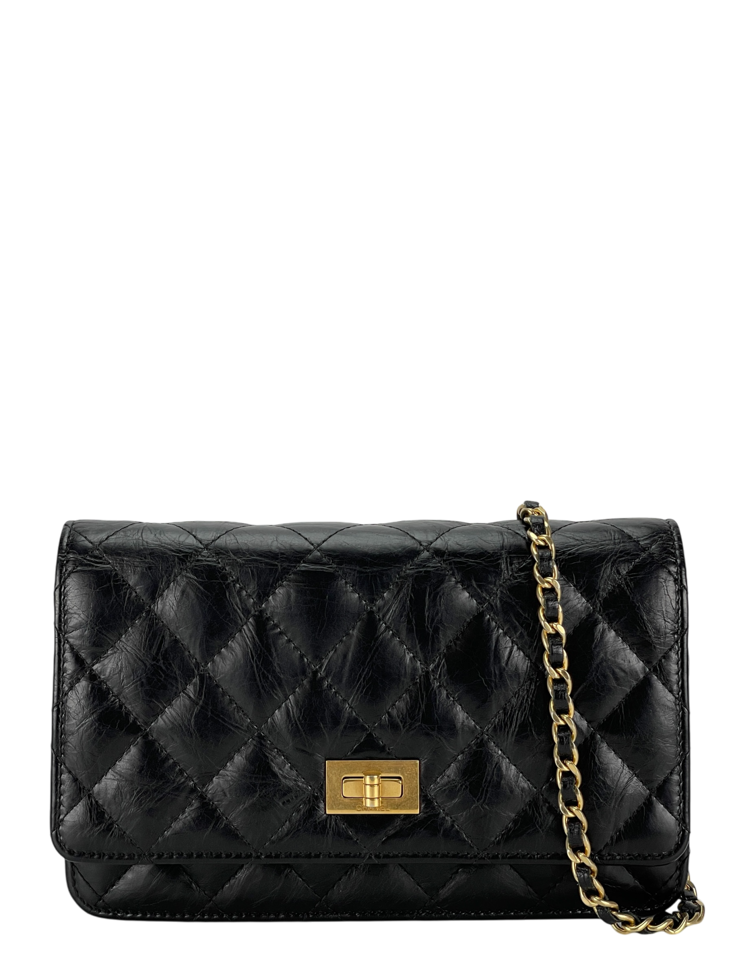 CHANEL - 2.55 Black Calfskin Wallet On Chain Gold-Tone Metal (WOC)