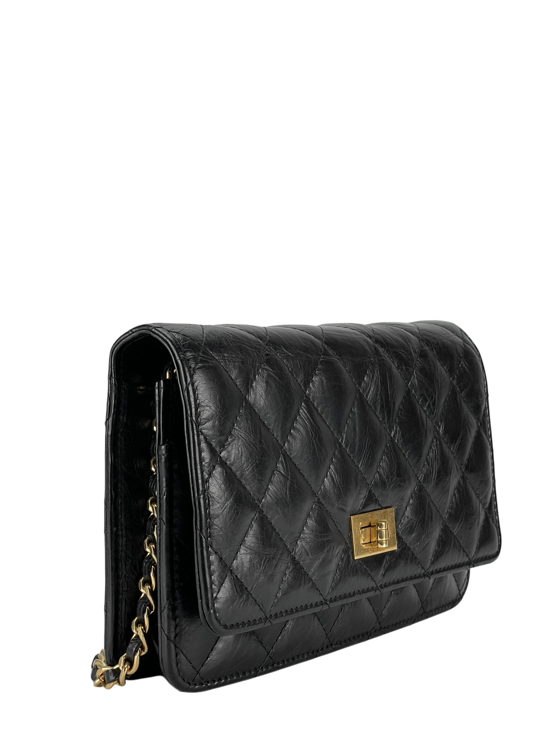 CHANEL - 2.55 Black Calfskin Wallet On Chain Gold-Tone Metal (WOC)