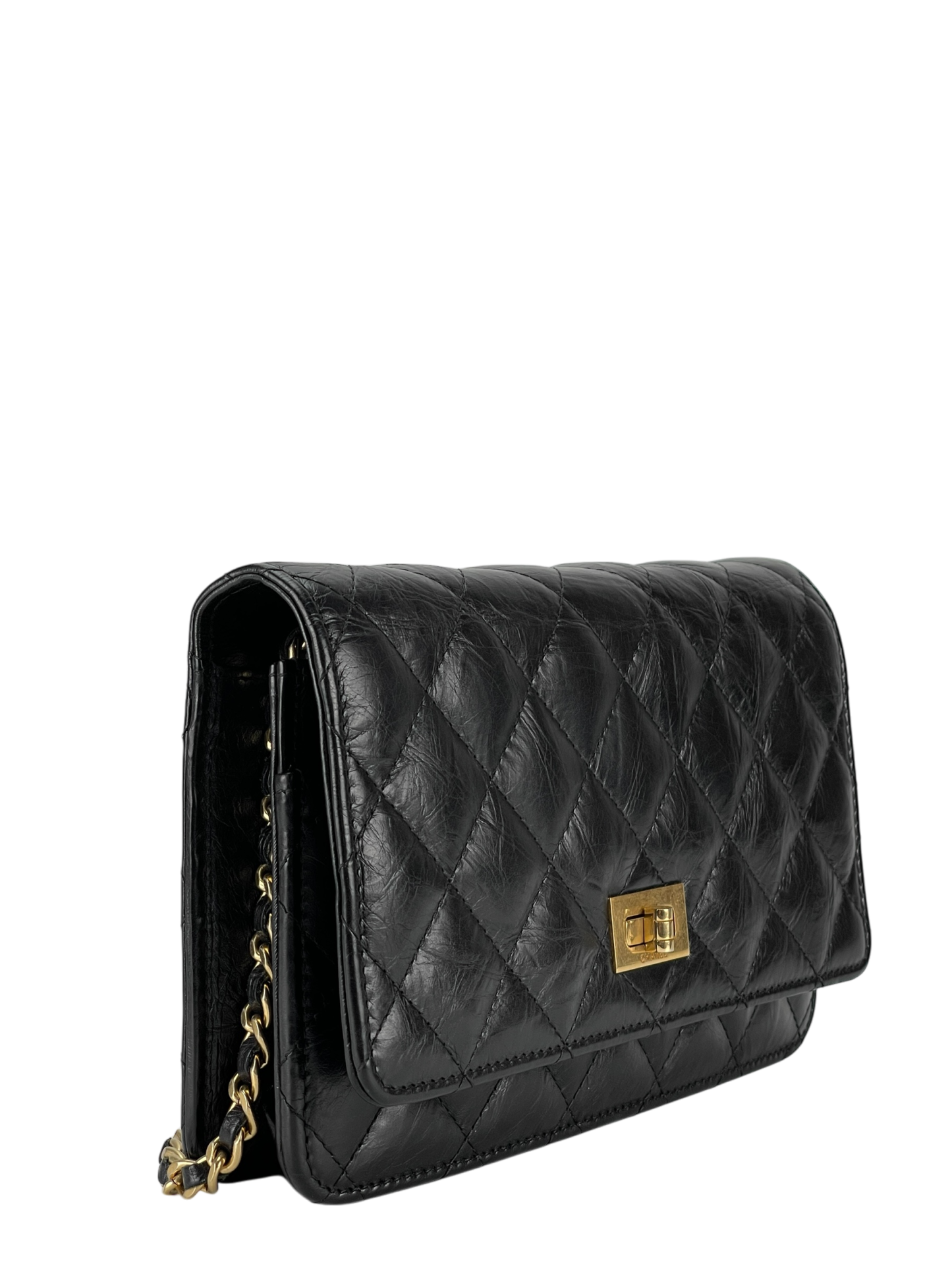 CHANEL - 2.55 Black Calfskin Wallet On Chain Gold-Tone Metal (WOC)