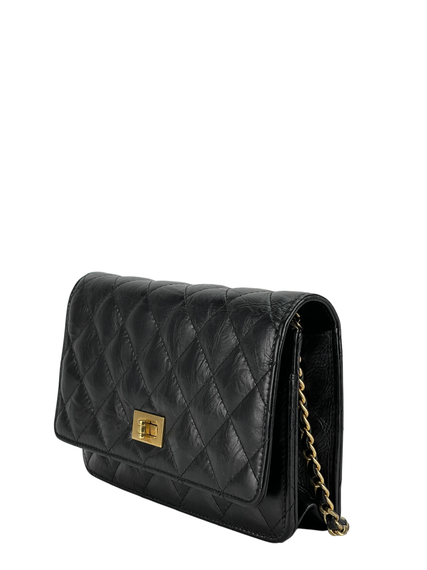 CHANEL - 2.55 Black Calfskin Wallet On Chain Gold-Tone Metal (WOC)